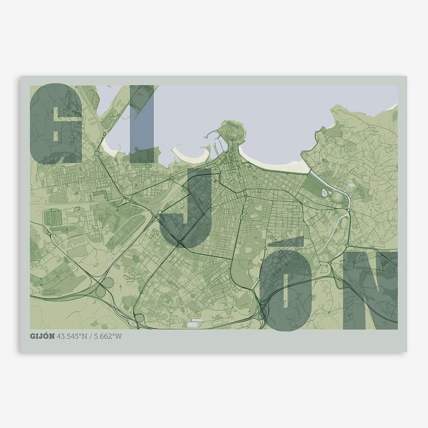 The map of Gijon with letters of its name placed randomly, designed in two green tones