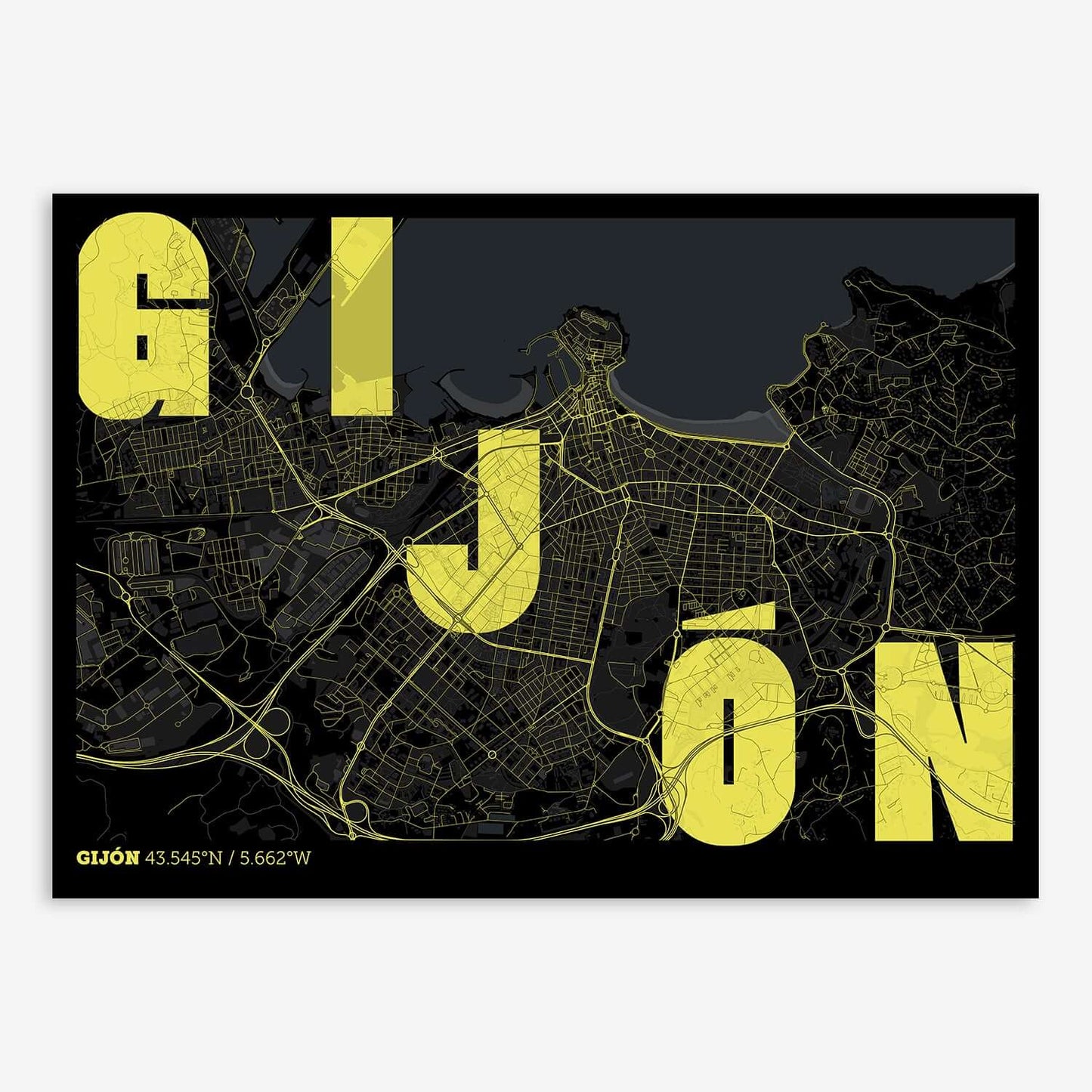 The map of Gijon with letters of its name placed randomly, designed in black and yellow