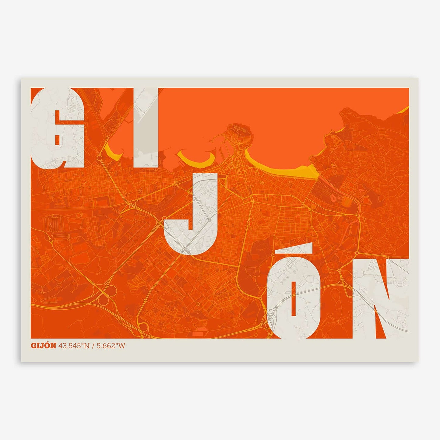 The map of Gijon with letters of its name placed randomly, designed in orange and an off-white background
