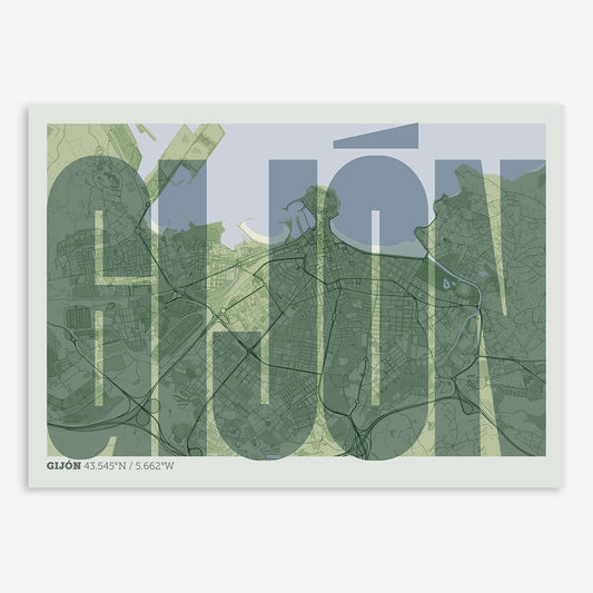 The map of Gijon and letters of its name in a giclée print designed in two green tones