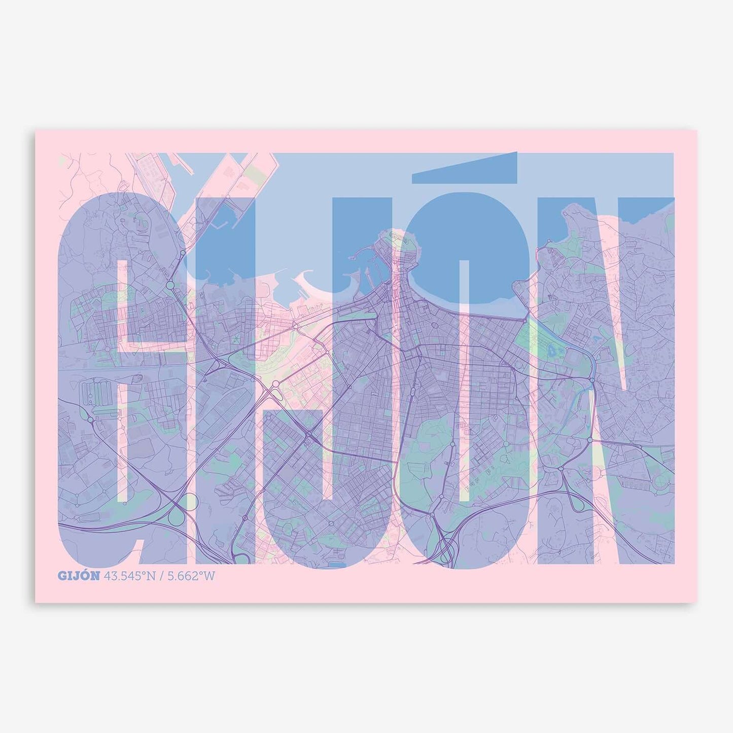 The map of Gijon and letters of its name in a giclée print designed in pink and light blue