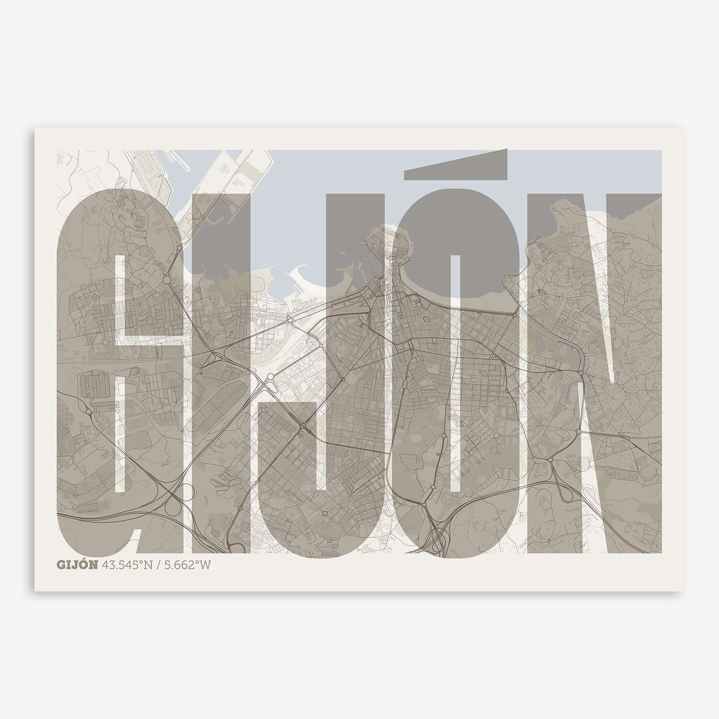 The map of Gijon and letters of its name in a giclée print designed in light brown and an off-white background