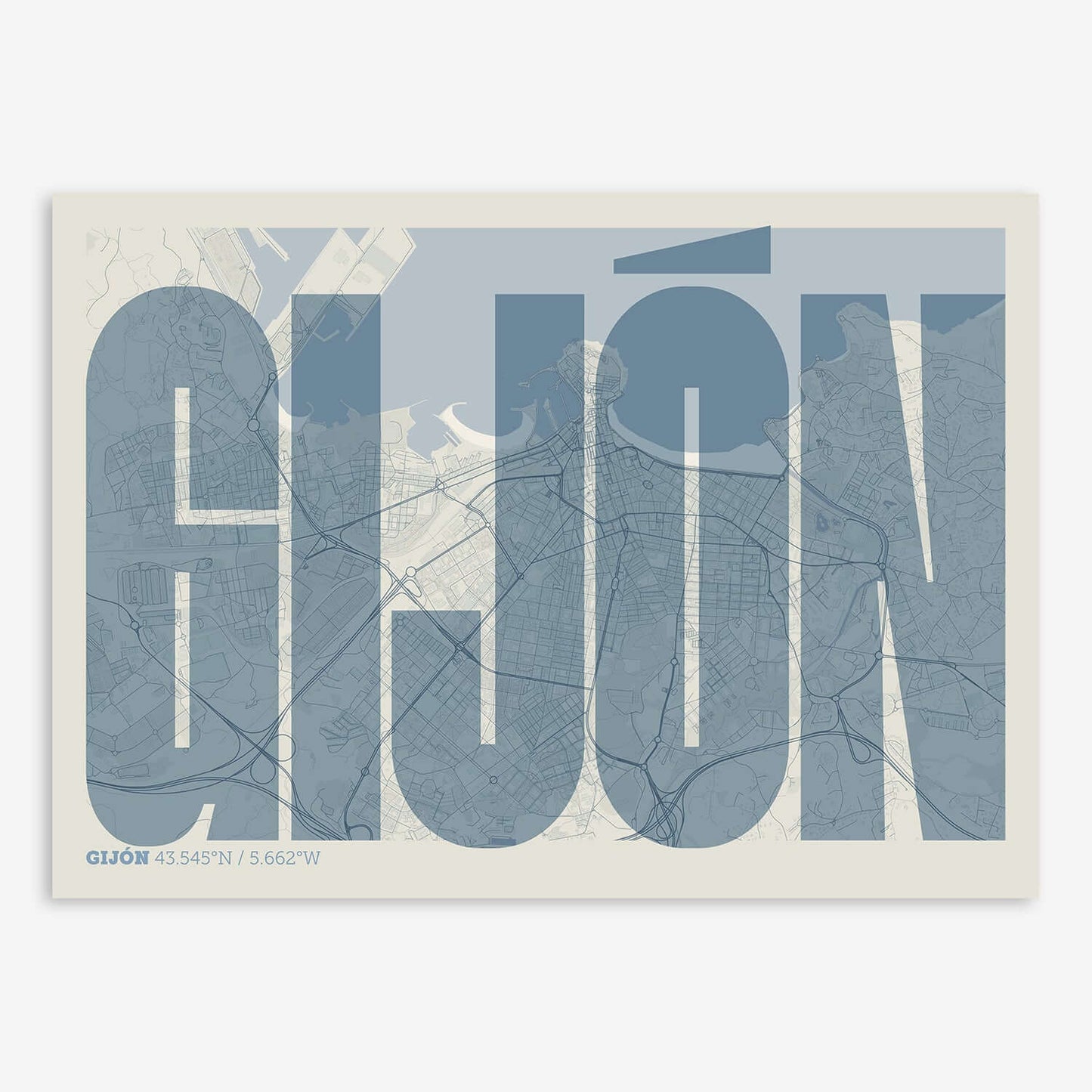 The map of Gijon and letters of its name in a giclée print designed in bluish gray and an off-white background