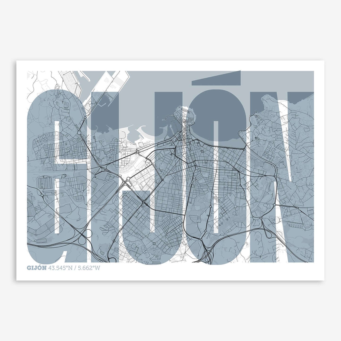 The map of Gijon and letters of its name in a giclée print designed in black and white