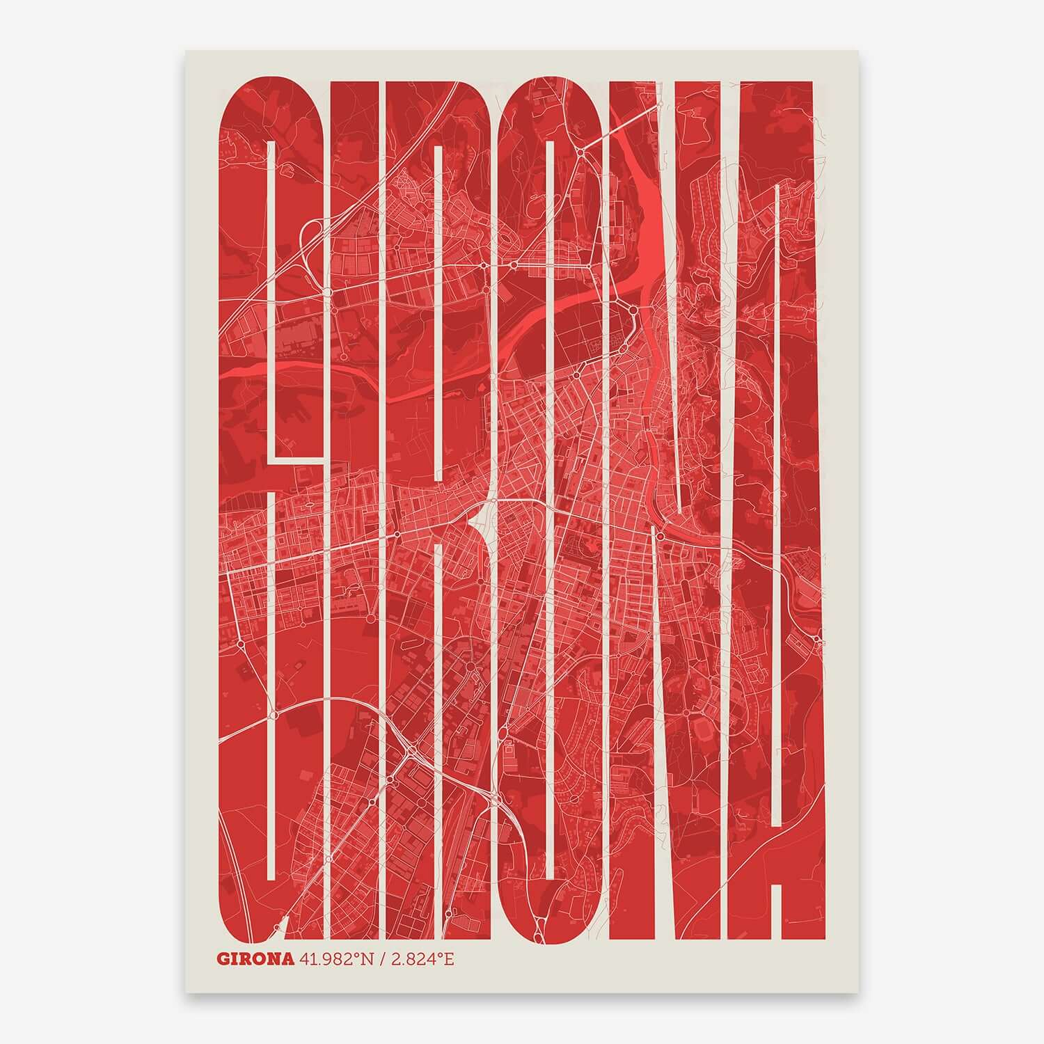 The map of Girona and letters of its name in a giclée print designed in red and an off-white background