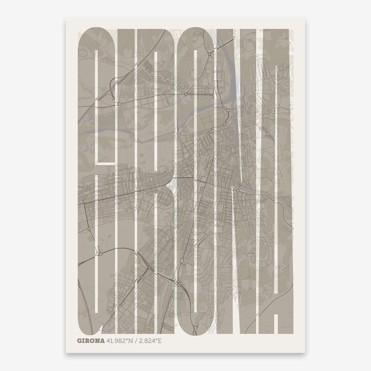 The map of Girona and letters of its name in a giclée print designed in light brown and an off-white background