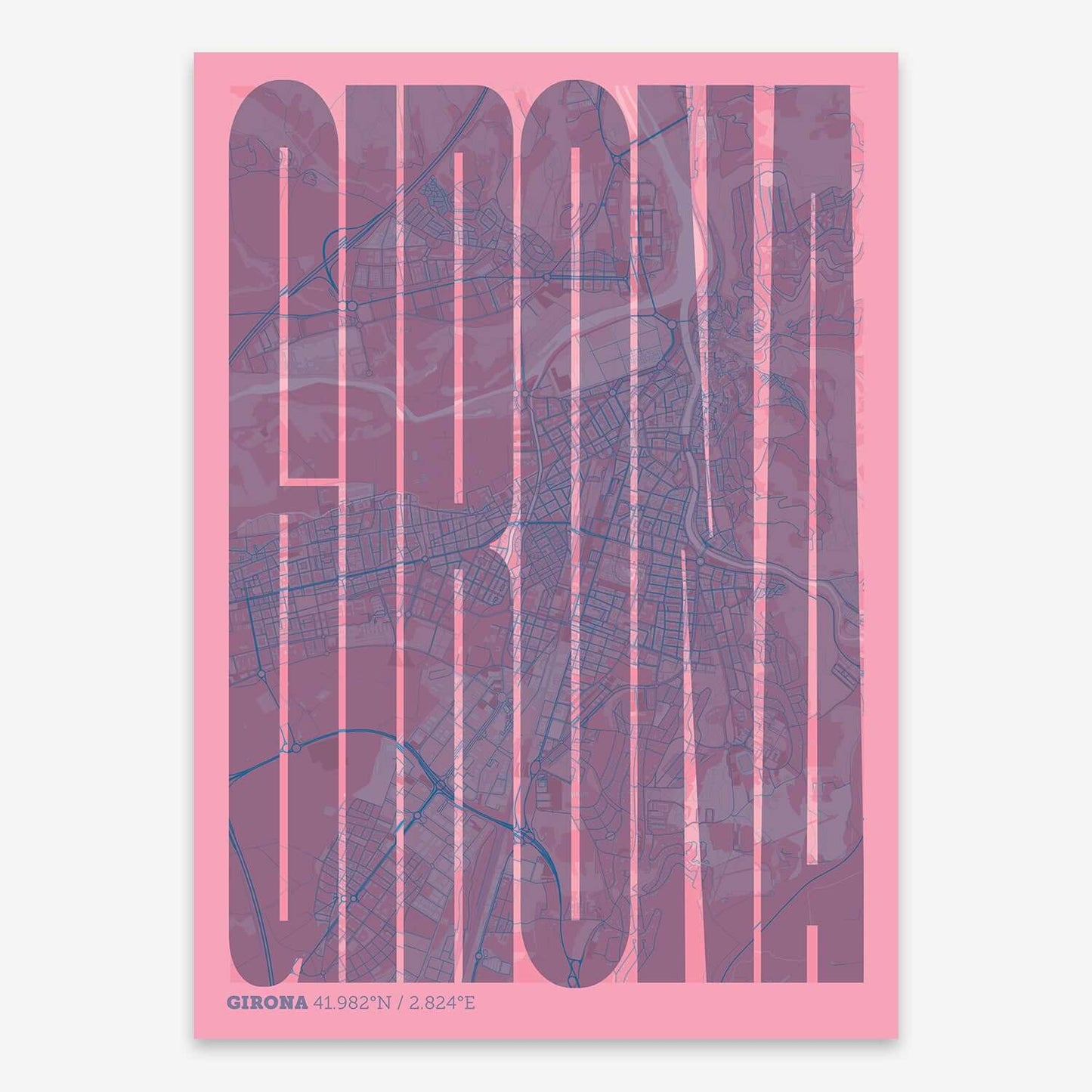The map of Girona and letters of its name in a giclée print designed in violet y pink background