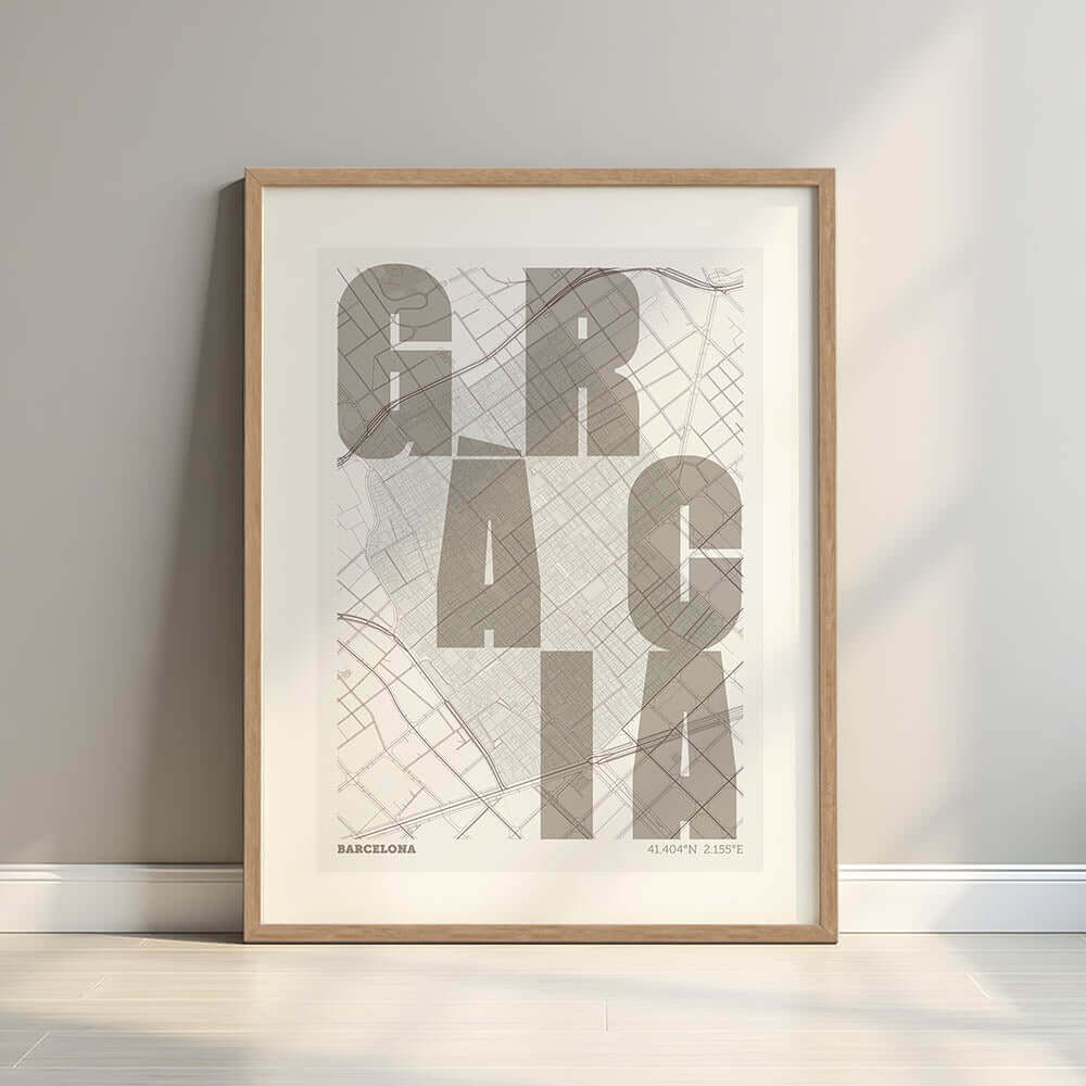 Lámina creativa de Gracia – Diseño gráfico y tipografía sobre mapa