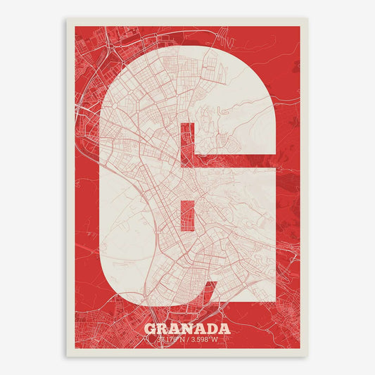 The map of Granada composed with letters in a heavy geometric font printed on red and an off-white background