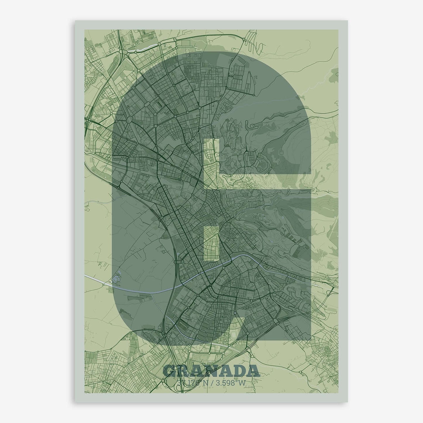 The map of Granada composed with letters in a heavy geometric font printed on two green tones