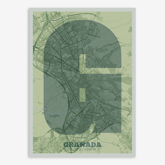 The map of Granada composed with letters in a heavy geometric font printed on two green tones