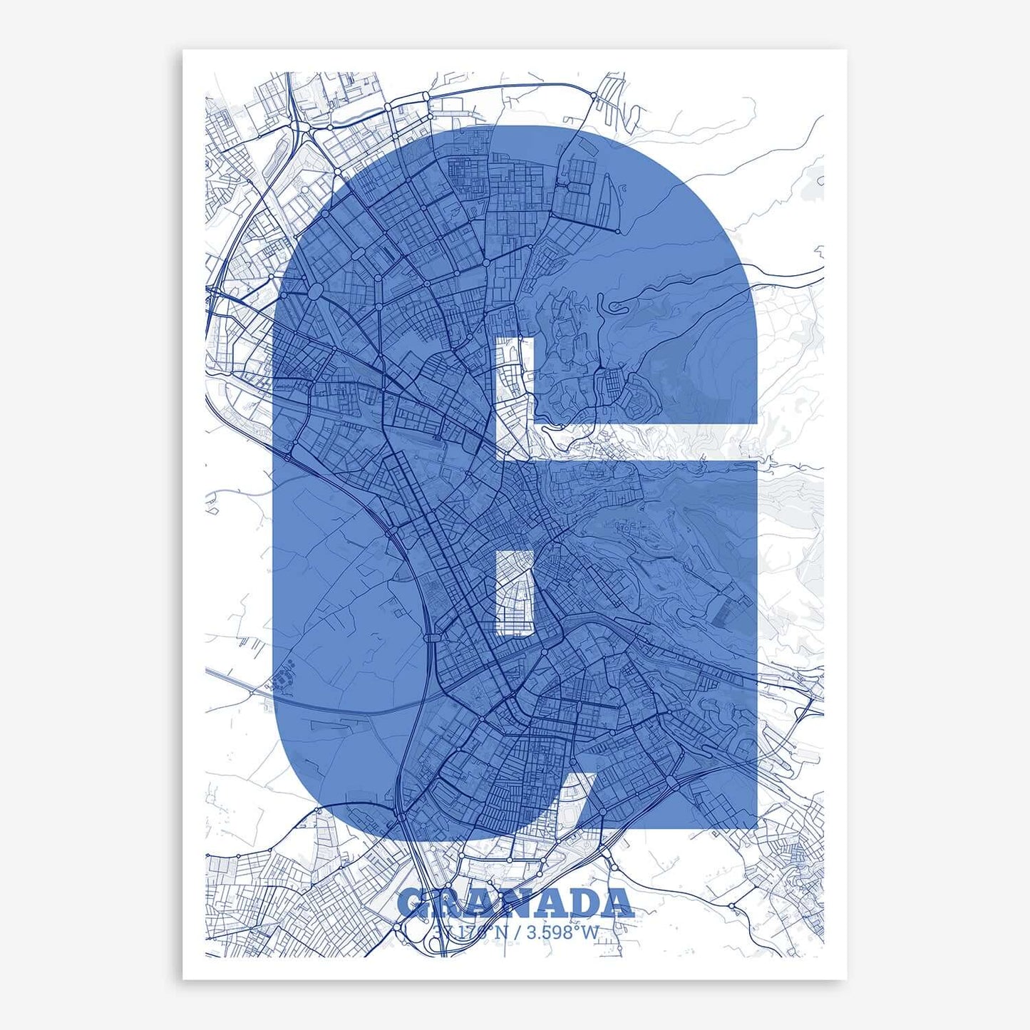 The map of Granada composed with letters in a heavy geometric font printed on navy blue and white