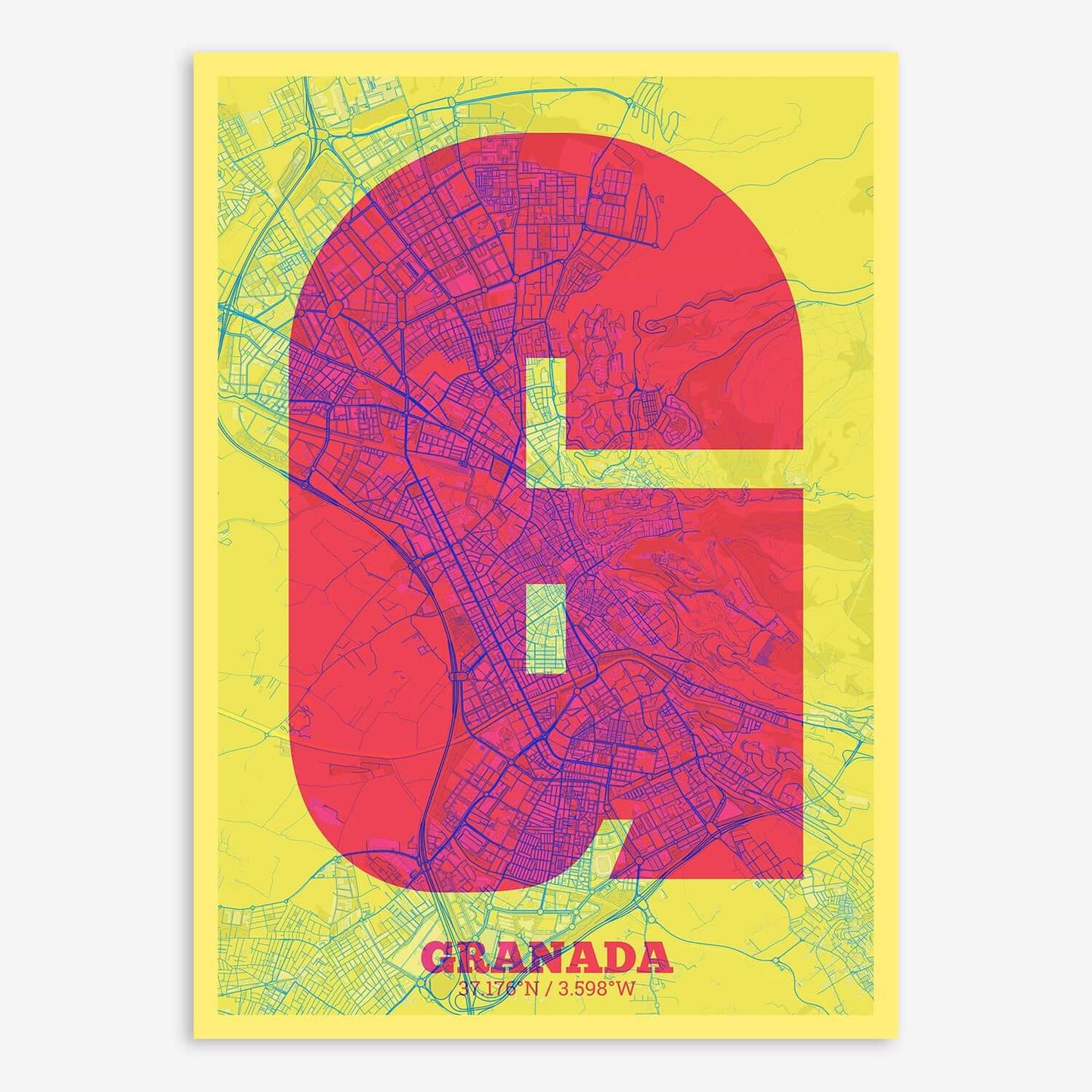 The map of Granada composed with letters in a heavy geometric font printed on yellow and fuchsia