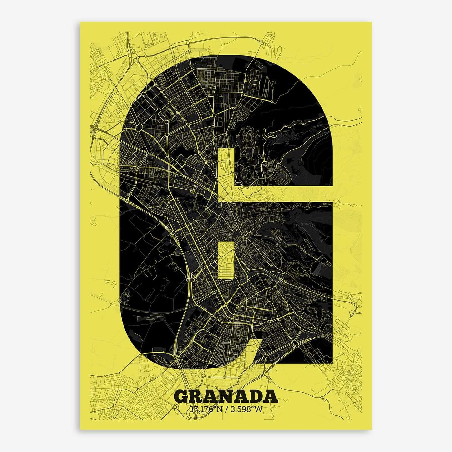 The map of Granada composed with letters in a heavy geometric font printed on black and yellow