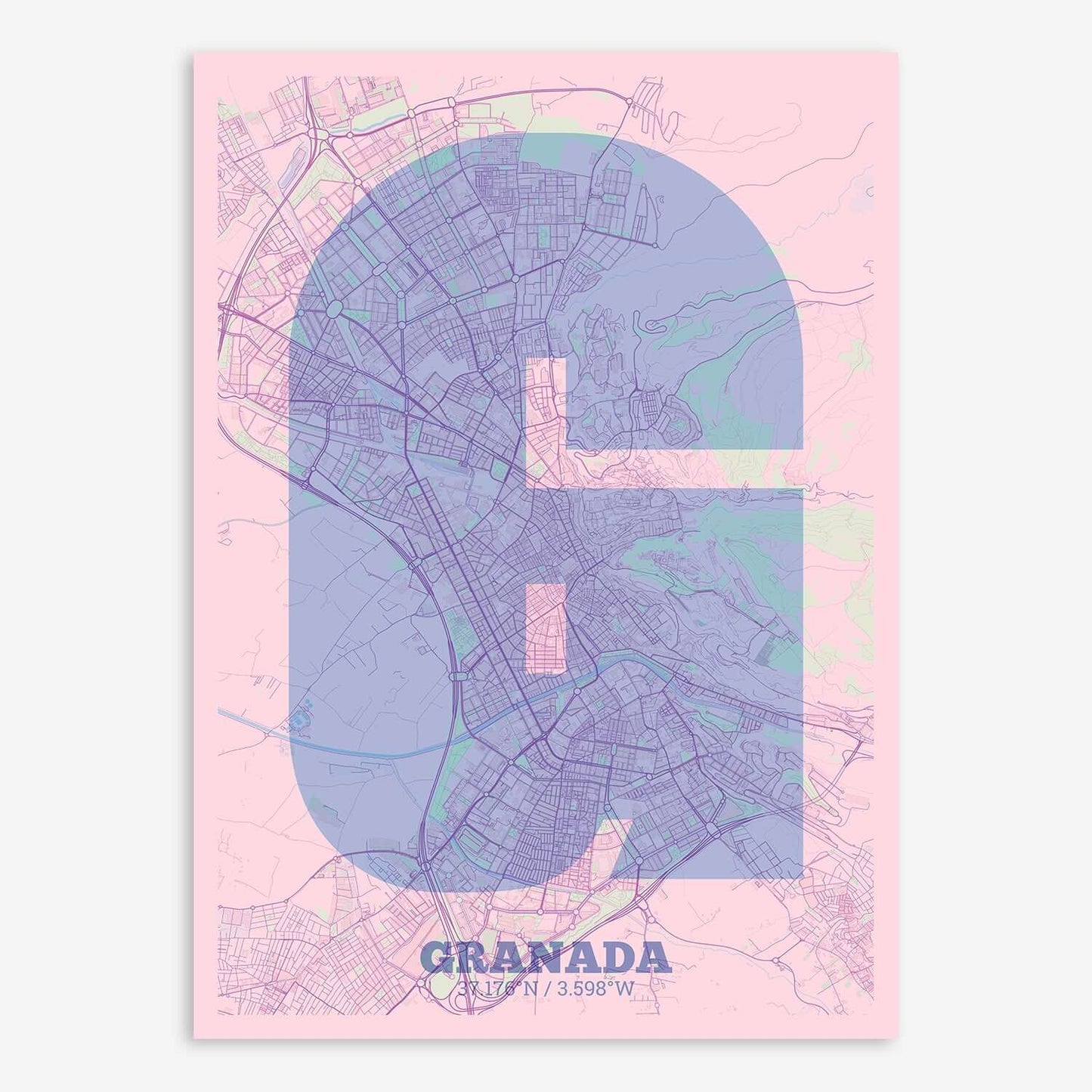 The map of Granada composed with letters in a heavy geometric font printed on pink and light blue