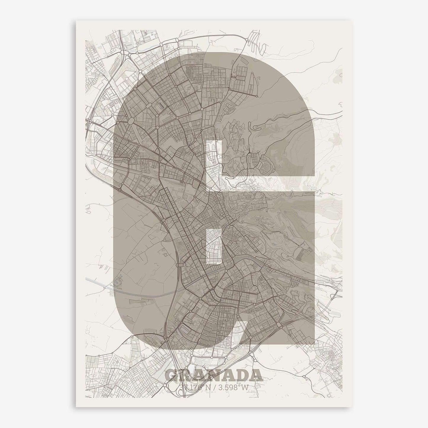The map of Granada composed with letters in a heavy geometric font printed on light brown and an off-white background