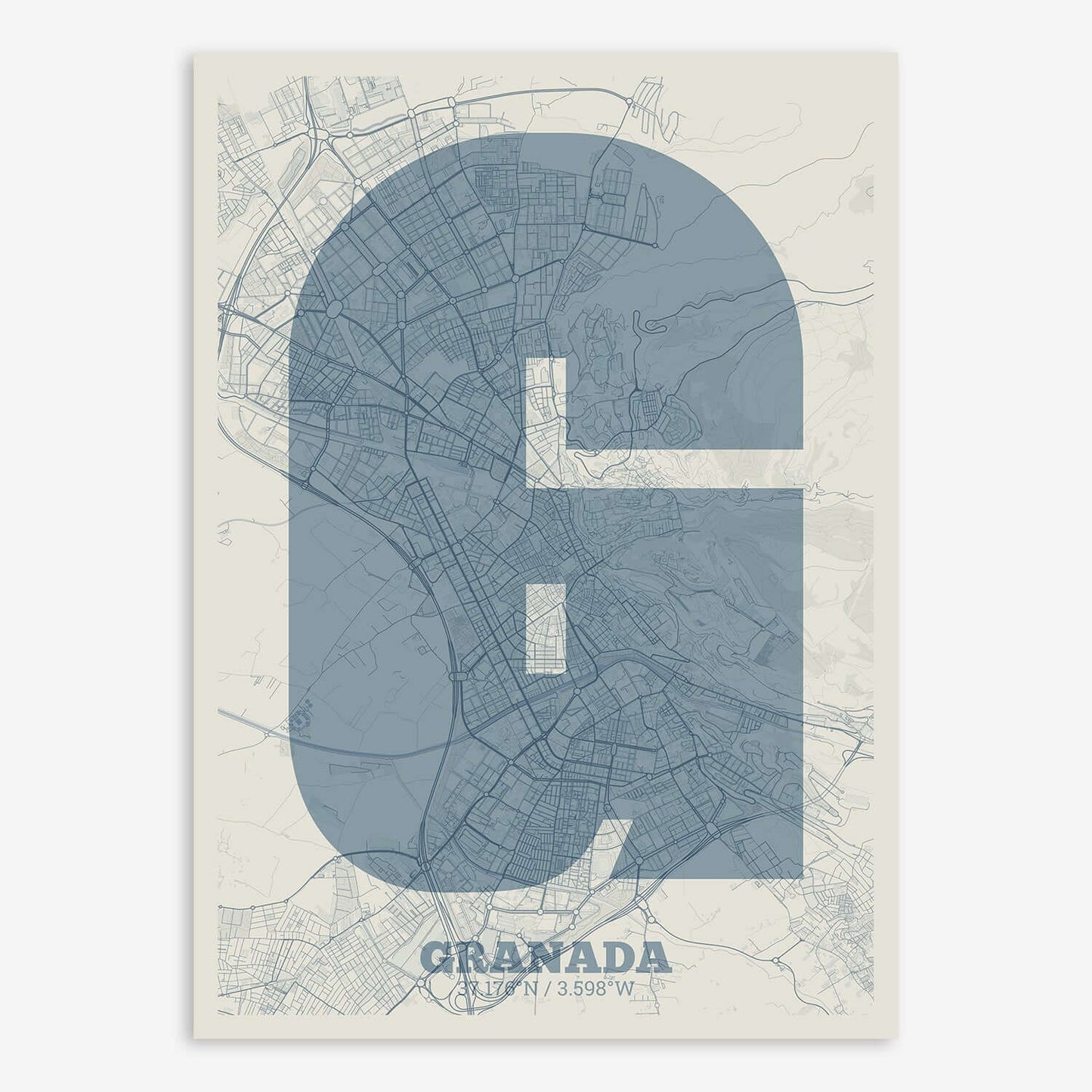 The map of Granada composed with letters in a heavy geometric font printed on bluish gray and an off-white background