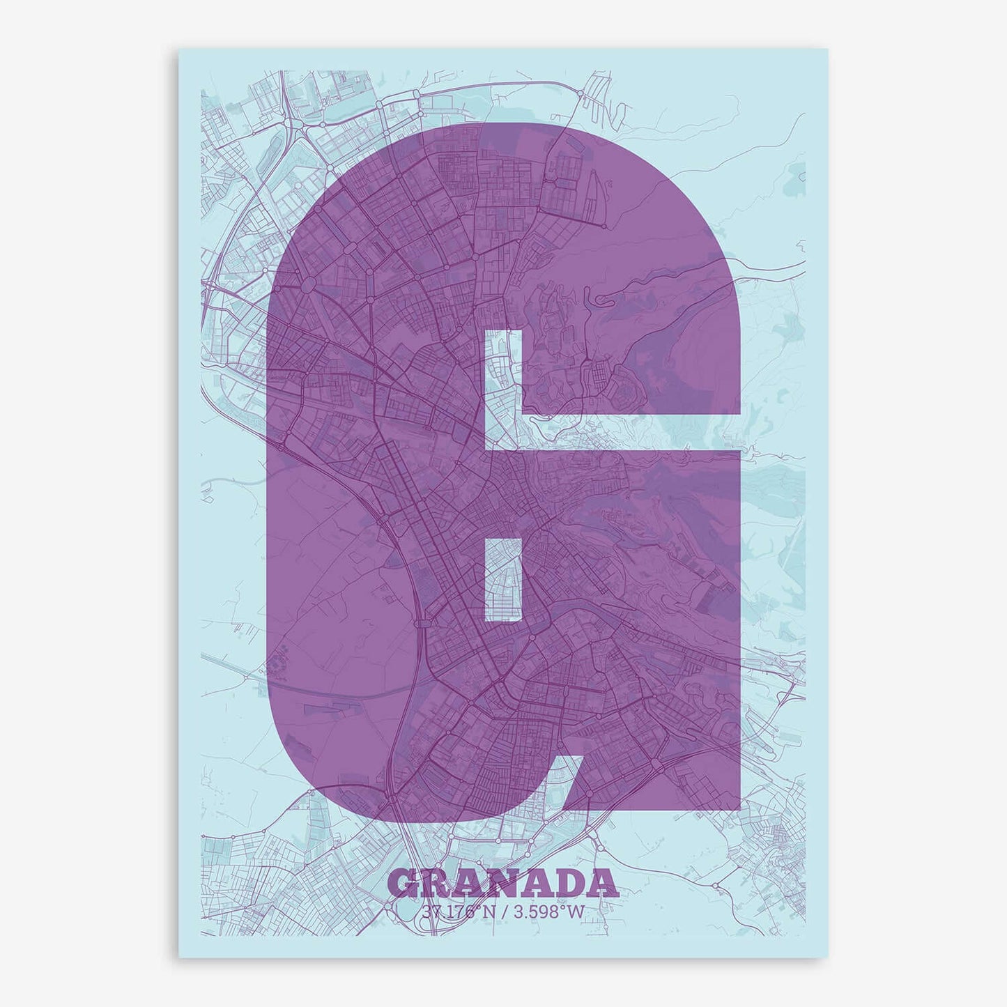 The map of Granada composed with letters in a heavy geometric font printed on purple and light blue