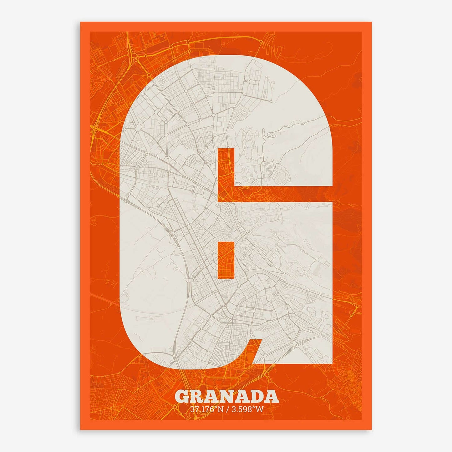The map of Granada composed with letters in a heavy geometric font printed on orange and an off-white background