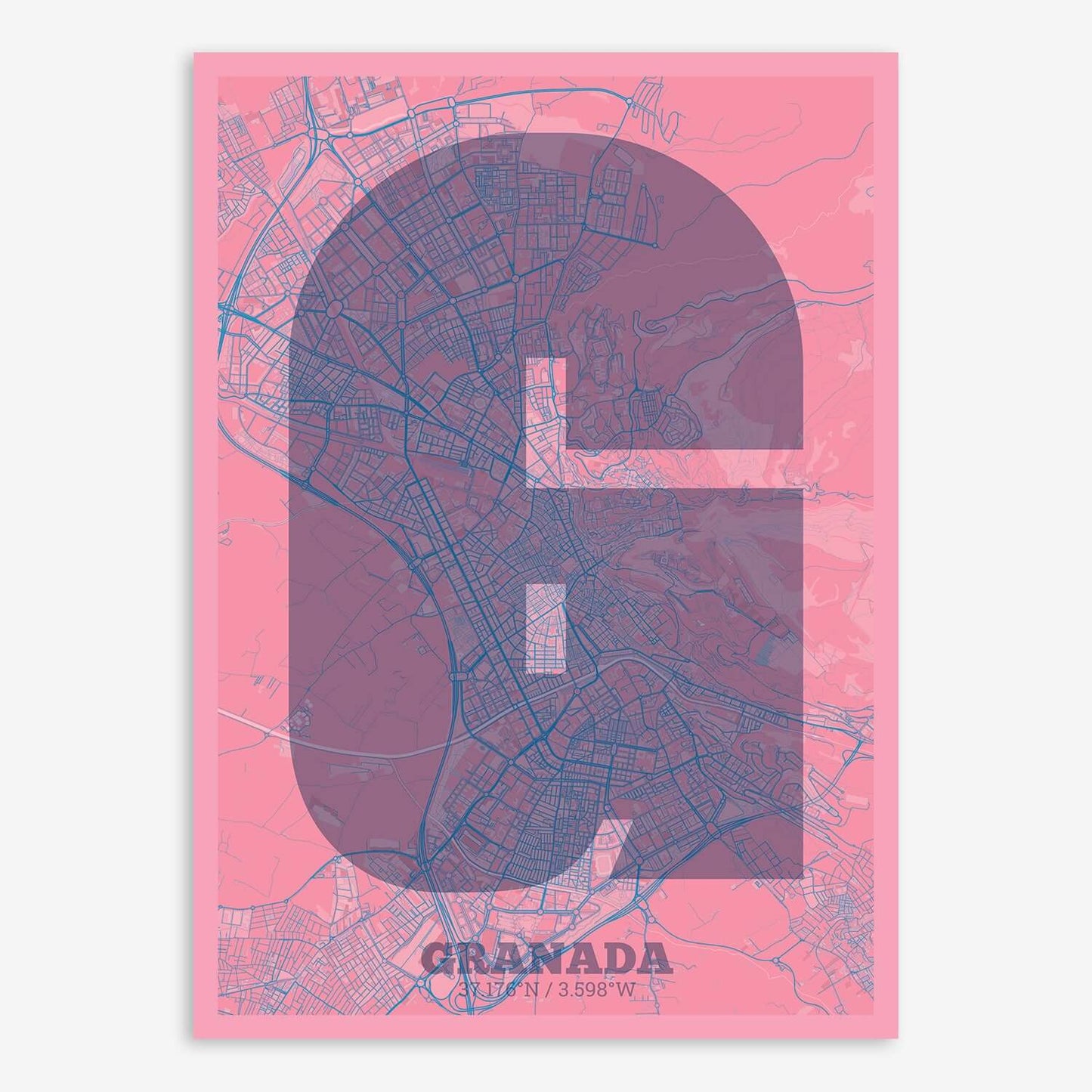 The map of Granada composed with letters in a heavy geometric font printed on violet y pink background