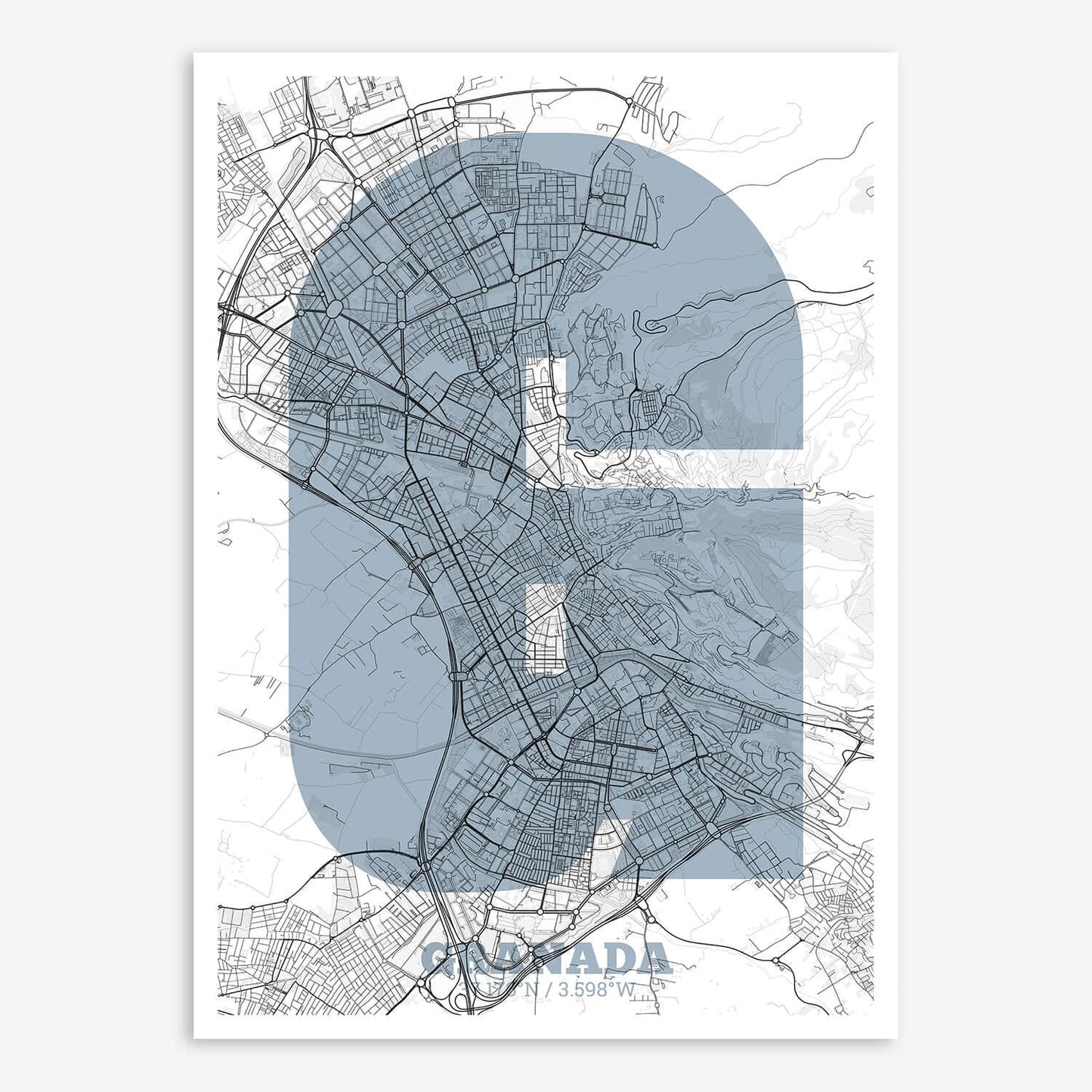 The map of Granada composed with letters in a heavy geometric font printed on black and white