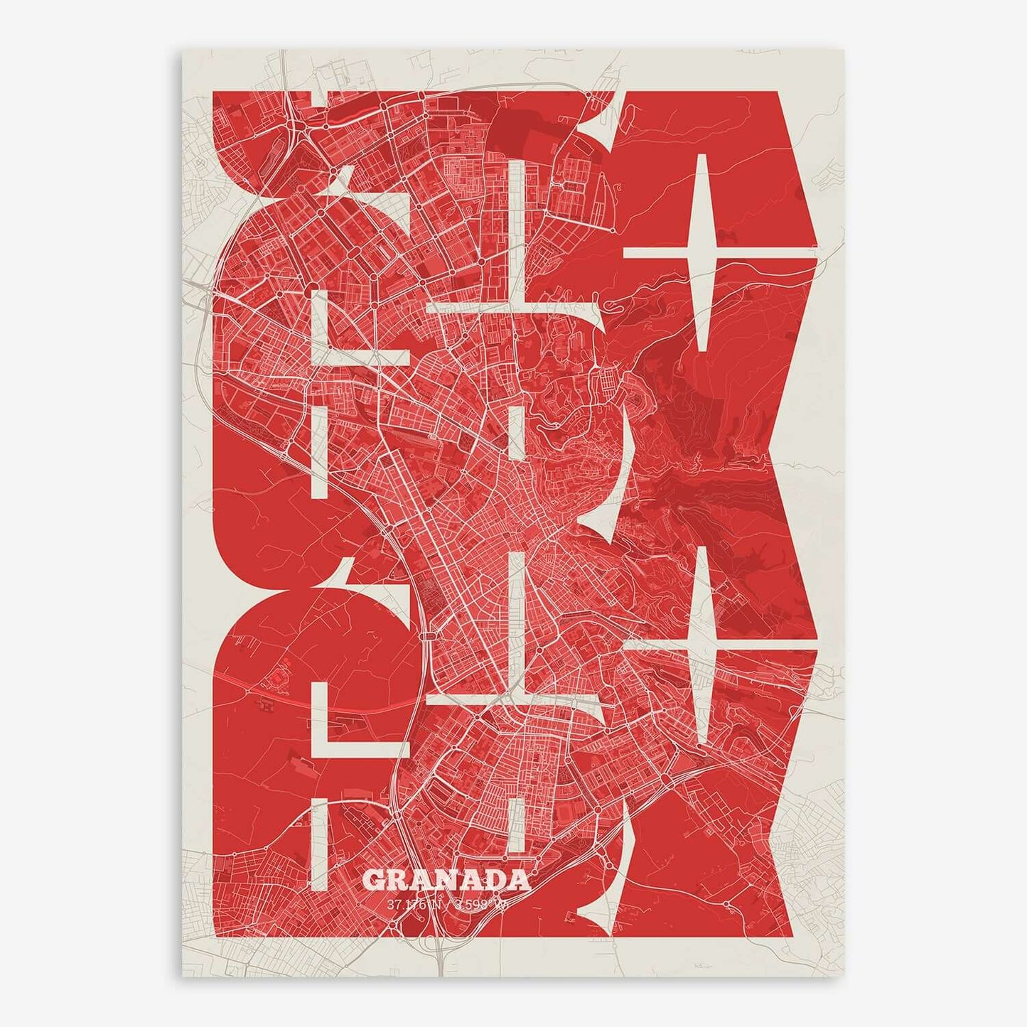 The map of Granada composed with letters from its name or IATA code printed on red and an off-white background