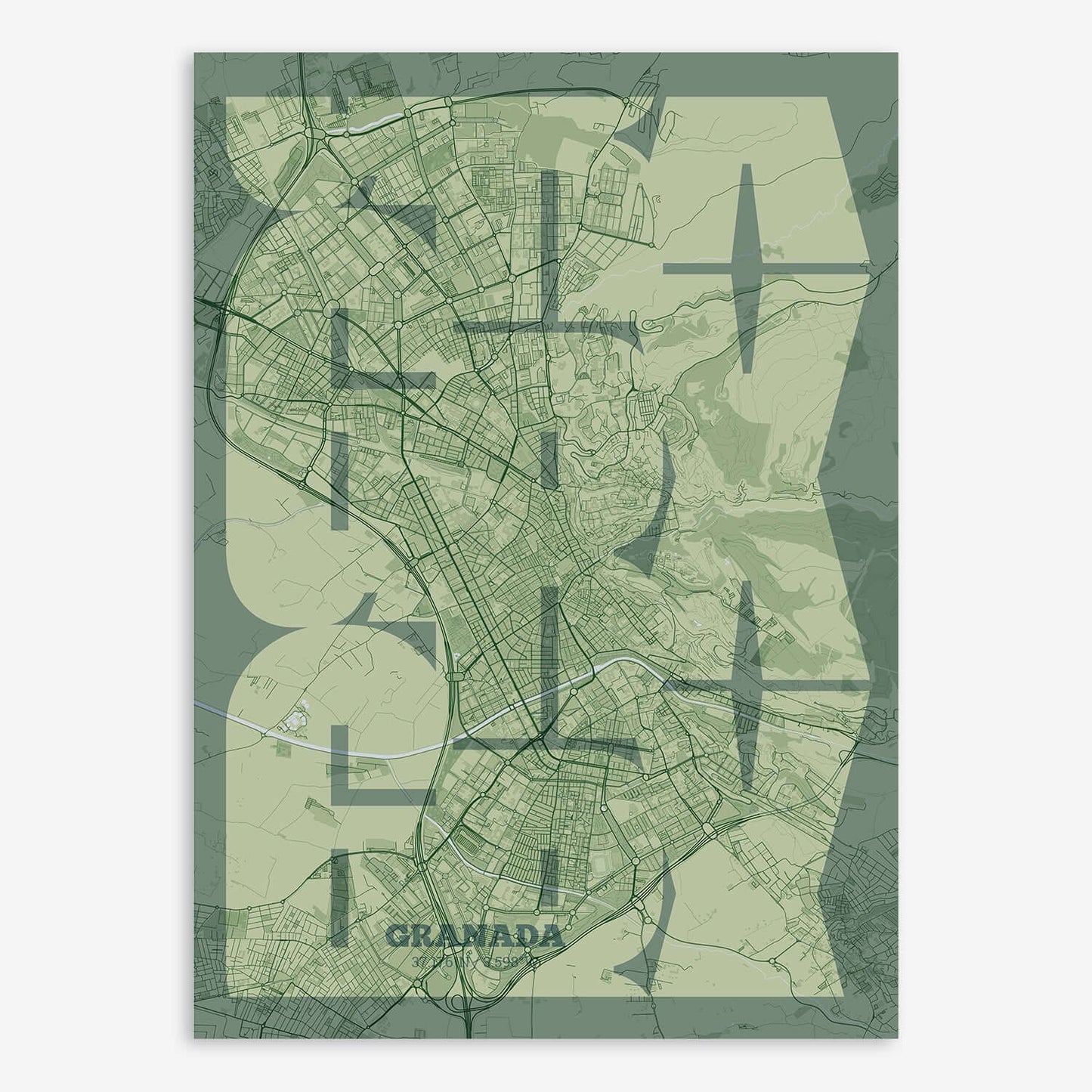 The map of Granada composed with letters from its name or IATA code printed on two green tones