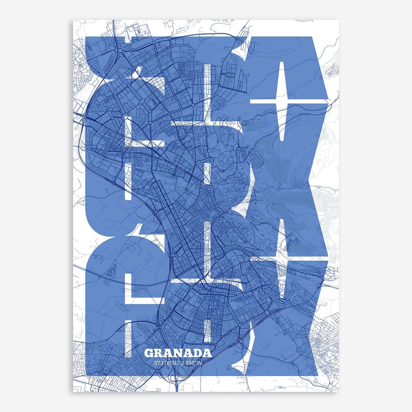 The map of Granada composed with letters from its name or IATA code printed on navy blue and white