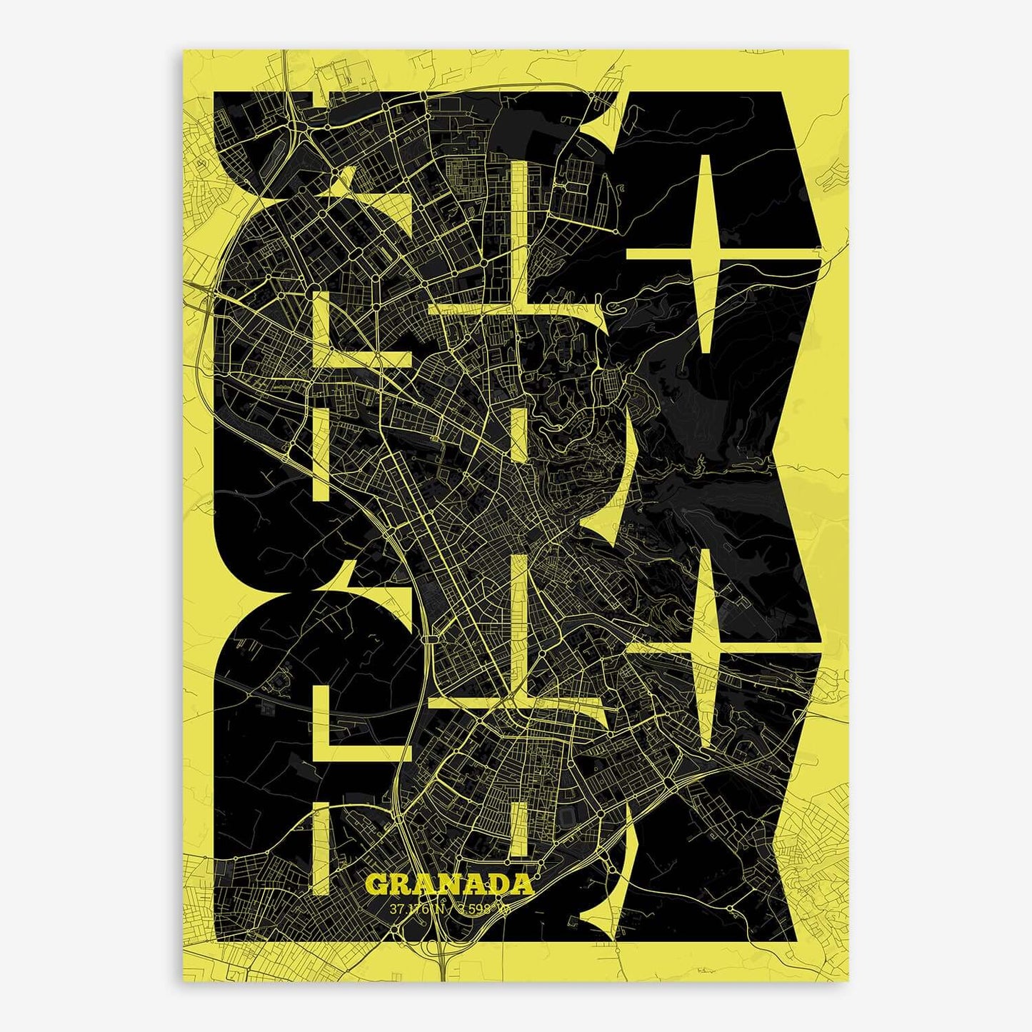 The map of Granada composed with letters from its name or IATA code printed on black and yellow