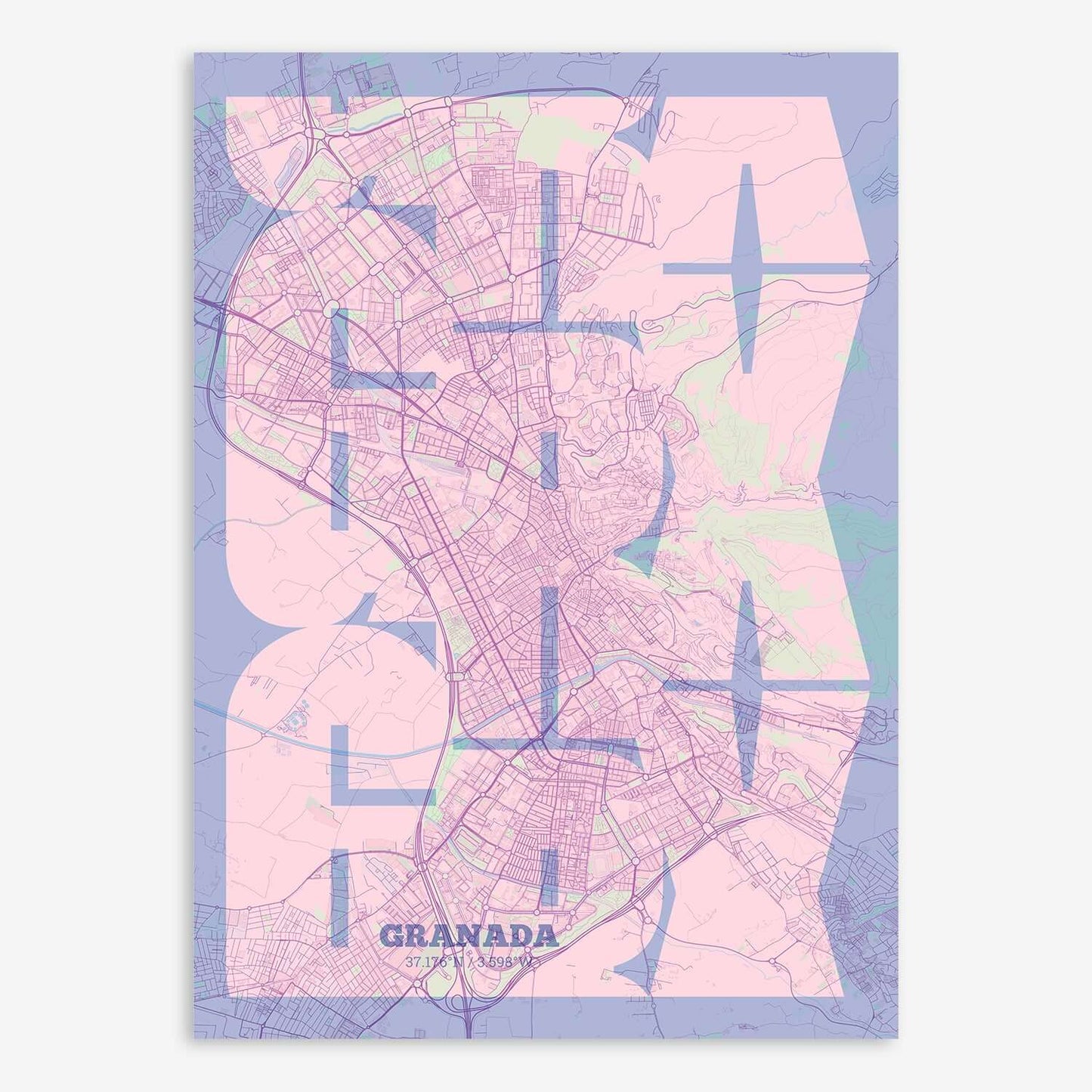 The map of Granada composed with letters from its name or IATA code printed on pink and light blue