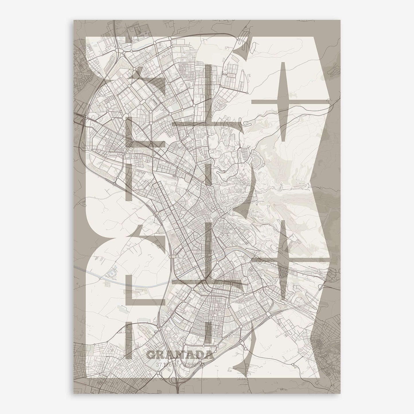The map of Granada composed with letters from its name or IATA code printed on light brown and an off-white background