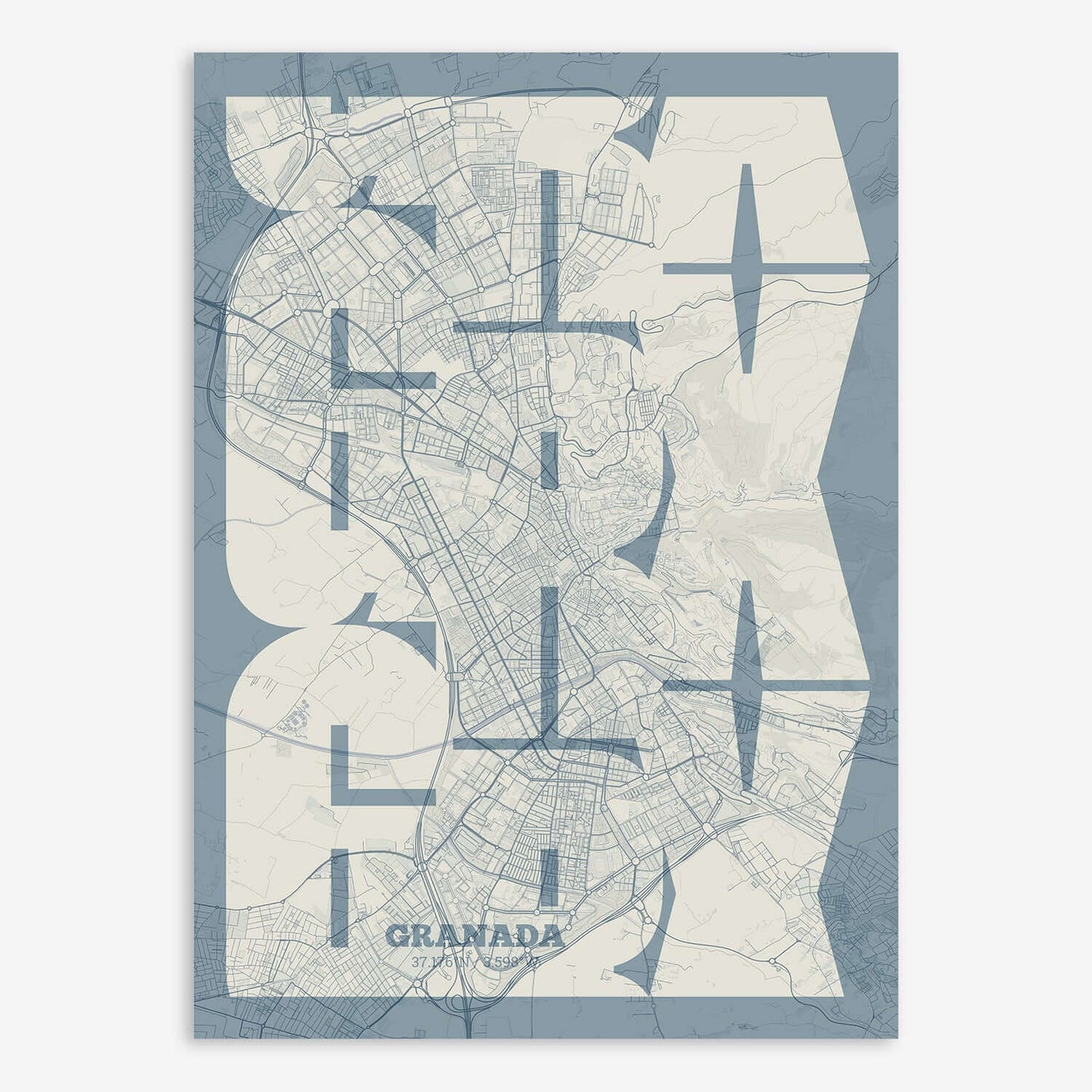 The map of Granada composed with letters from its name or IATA code printed on bluish gray and an off-white background