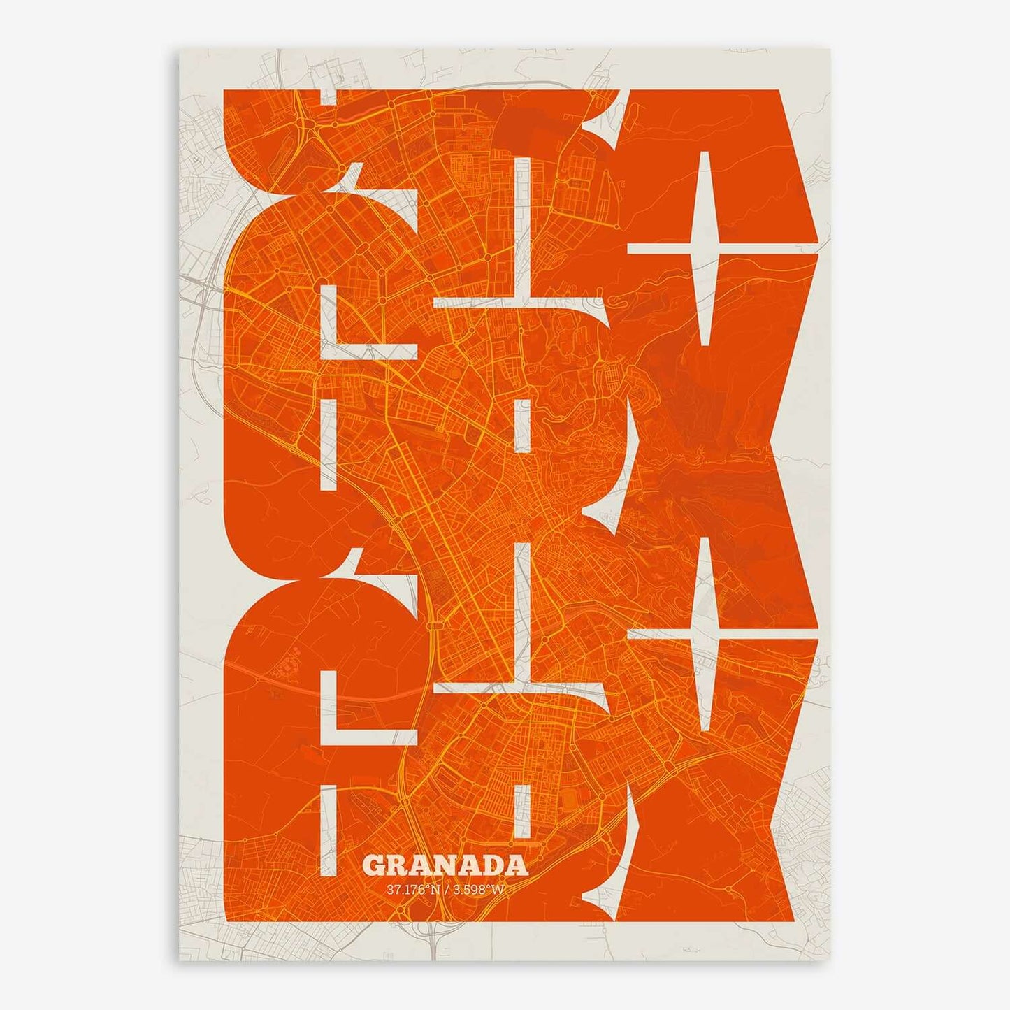 The map of Granada composed with letters from its name or IATA code printed on orange and an off-white background
