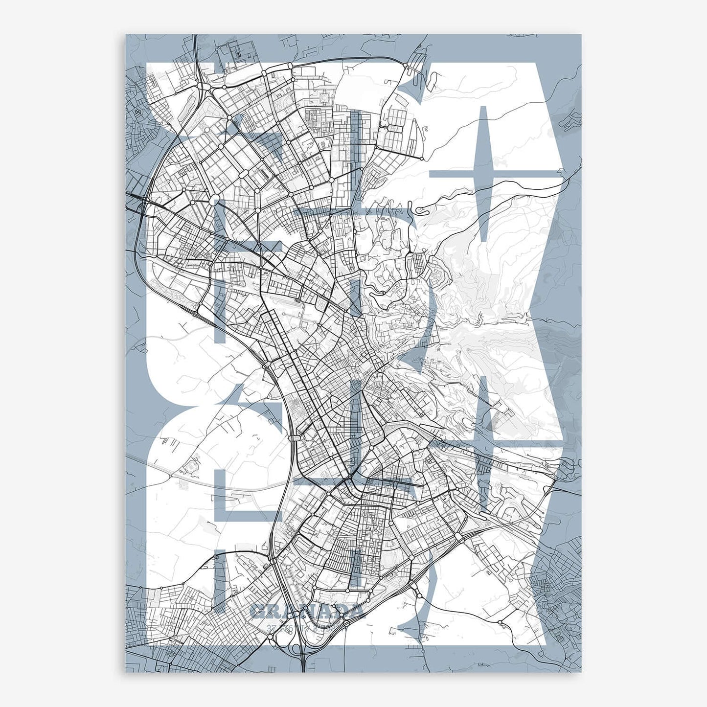 The map of Granada composed with letters from its name or IATA code printed on black and white