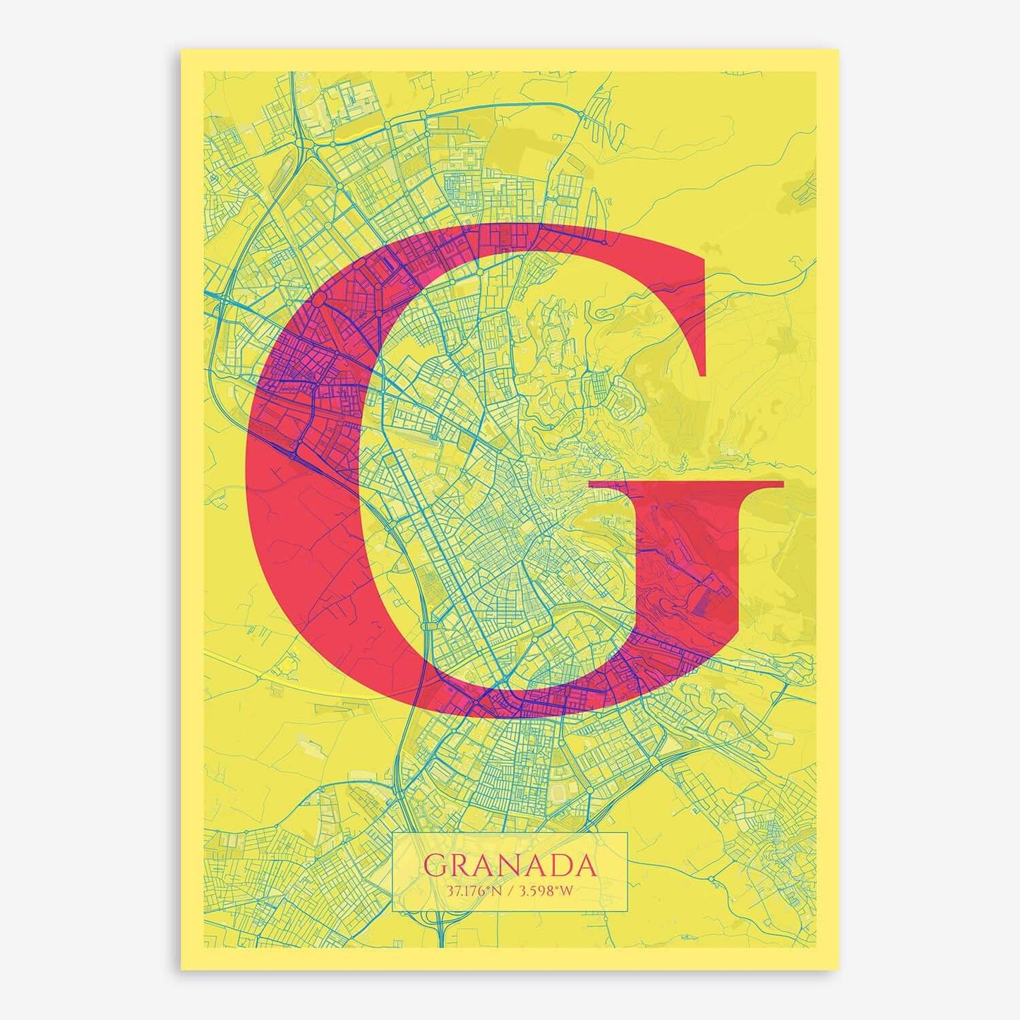 The map of Granada composed with letters in serif font printed on yellow and fuchsia