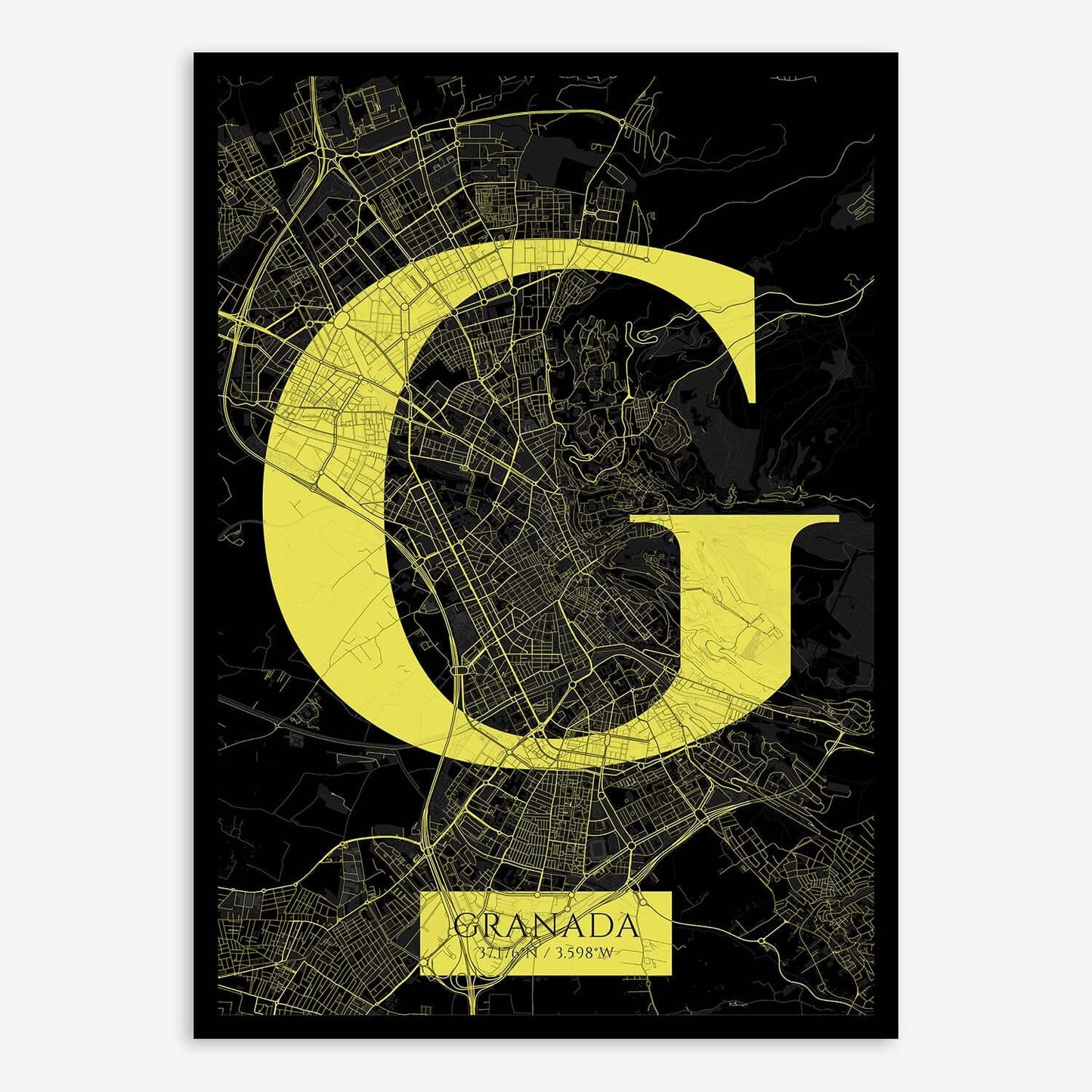 The map of Granada composed with letters in serif font printed on black and yellow