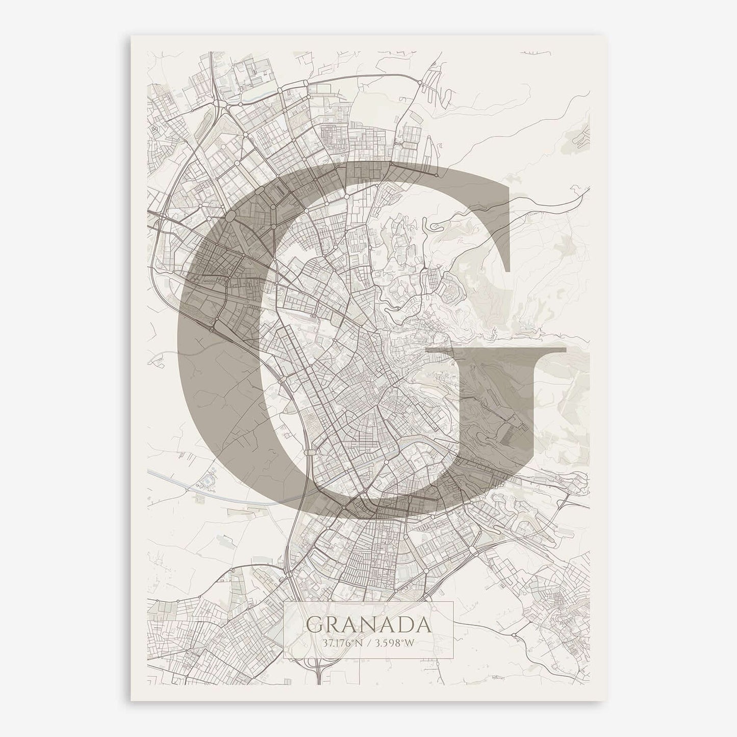 The map of Granada composed with letters in serif font printed on light brown and an off-white background