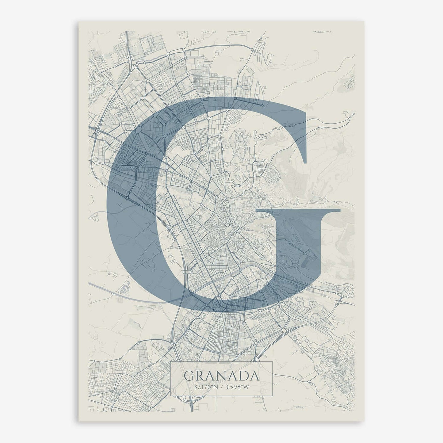 The map of Granada composed with letters in serif font printed on bluish gray and an off-white background