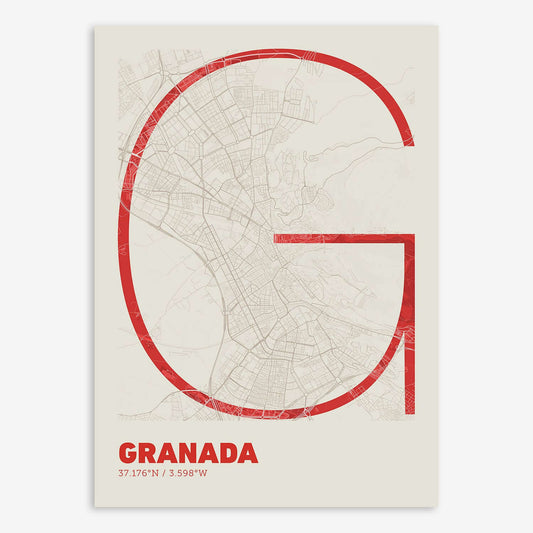 The map of Granada composed with letters in extra light font printed on red and an off-white background