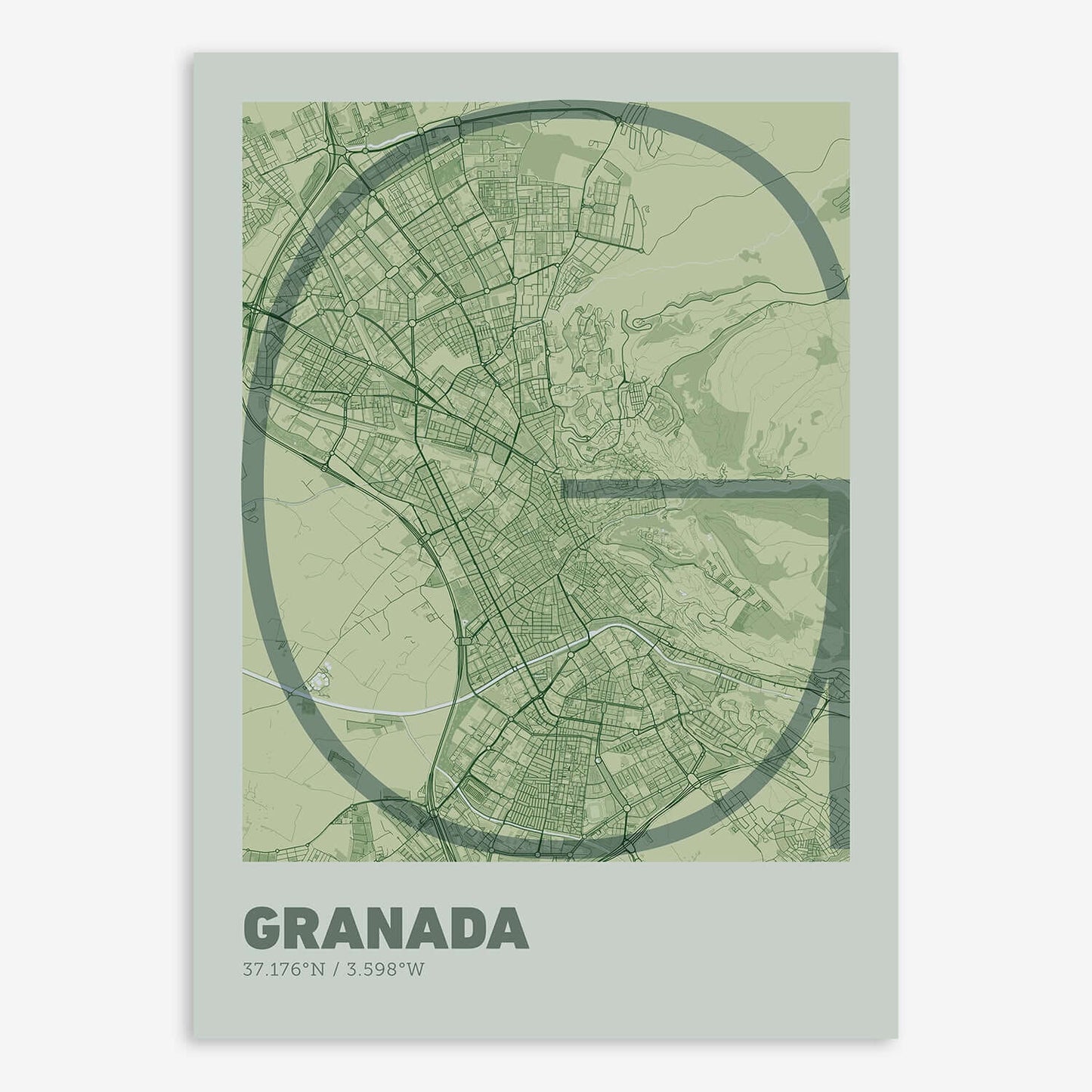 The map of Granada composed with letters in extra light font printed on two green tones