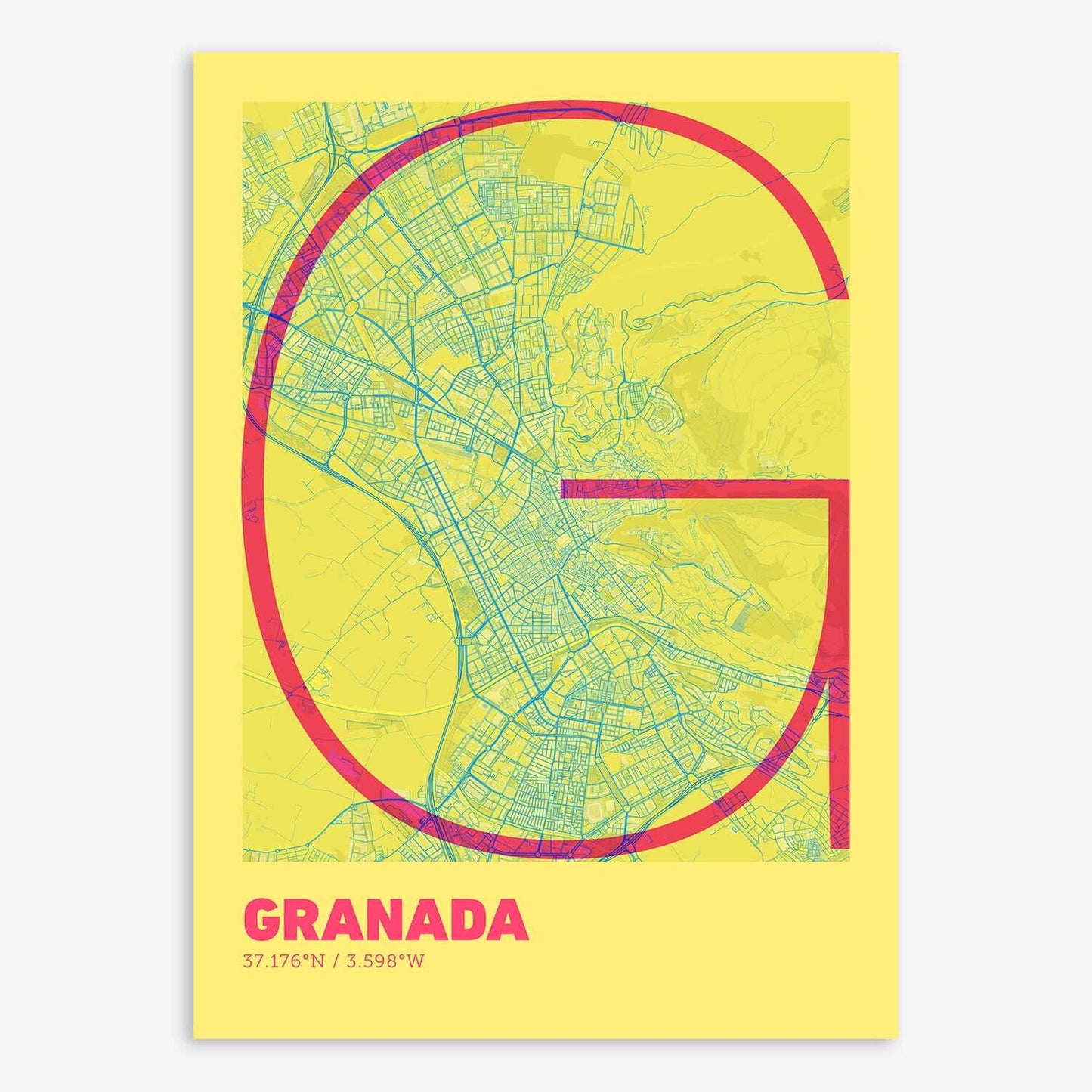 The map of Granada composed with letters in extra light font printed on yellow and fuchsia