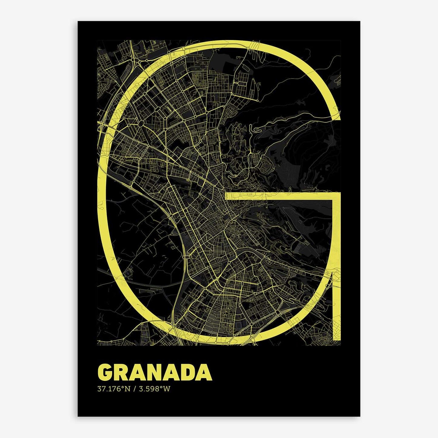The map of Granada composed with letters in extra light font printed on black and yellow