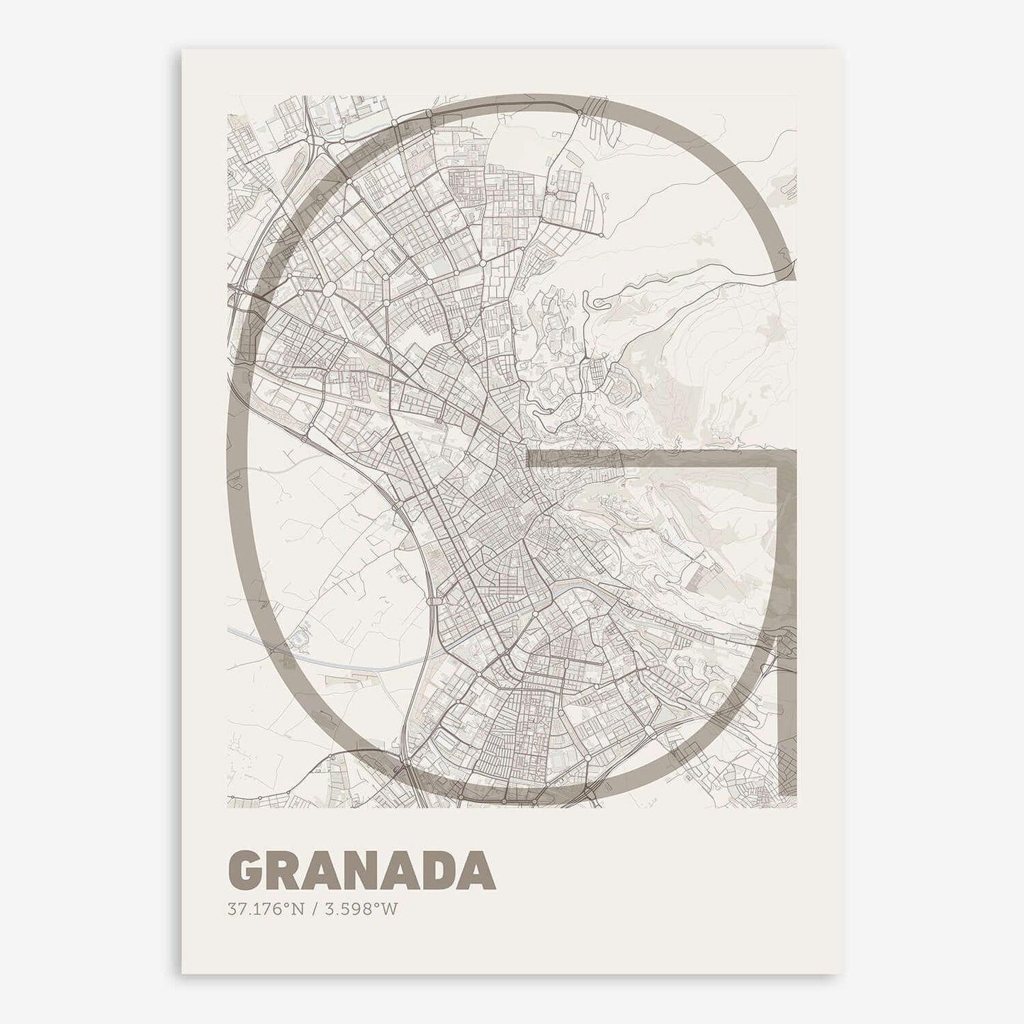 The map of Granada composed with letters in extra light font printed on light brown and an off-white background