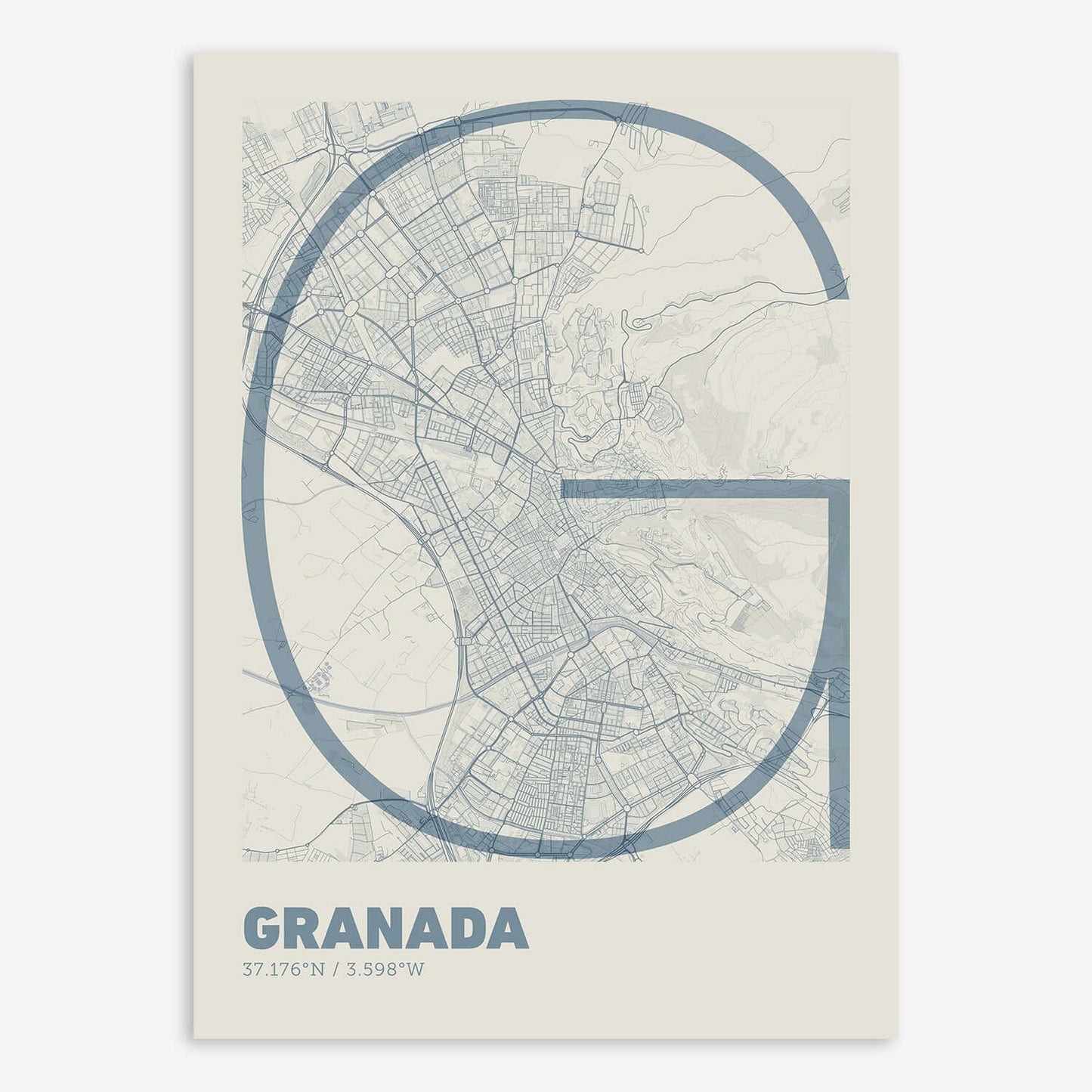 The map of Granada composed with letters in extra light font printed on bluish gray and an off-white background