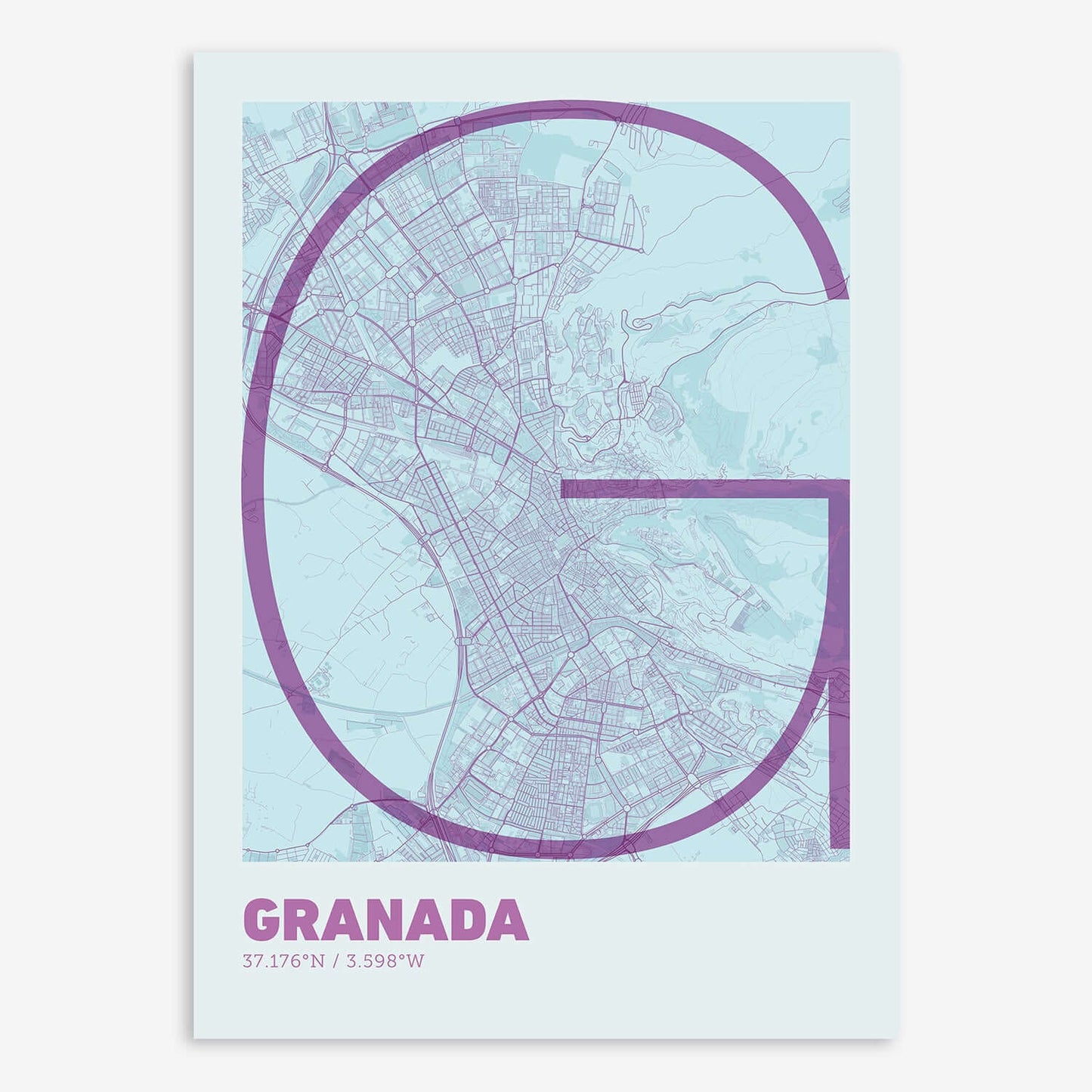 The map of Granada composed with letters in extra light font printed on purple and light blue