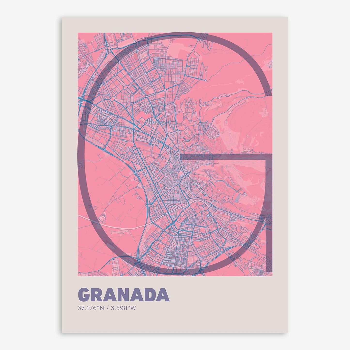 The map of Granada composed with letters in extra light font printed on violet y pink background