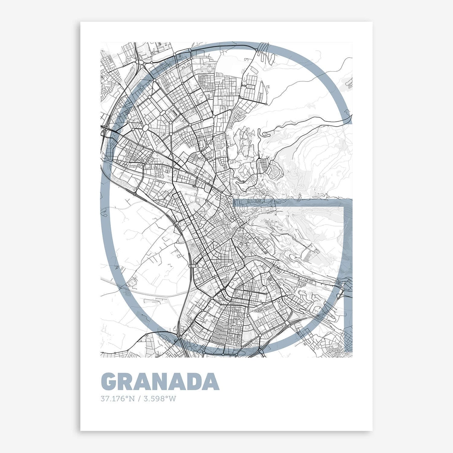 The map of Granada composed with letters in extra light font printed on black and white