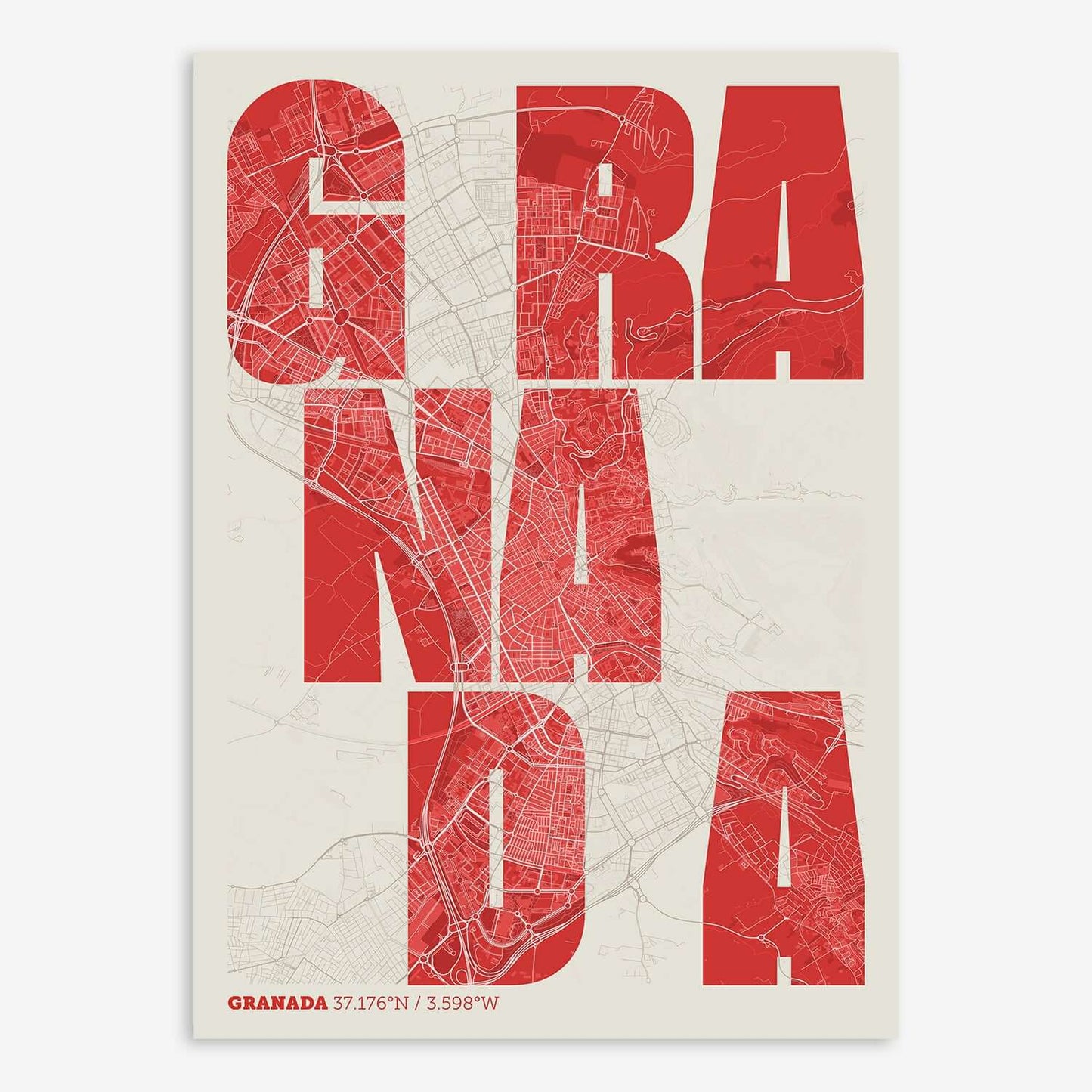 The map of Granada with letters of its name placed randomly, designed in red and an off-white background