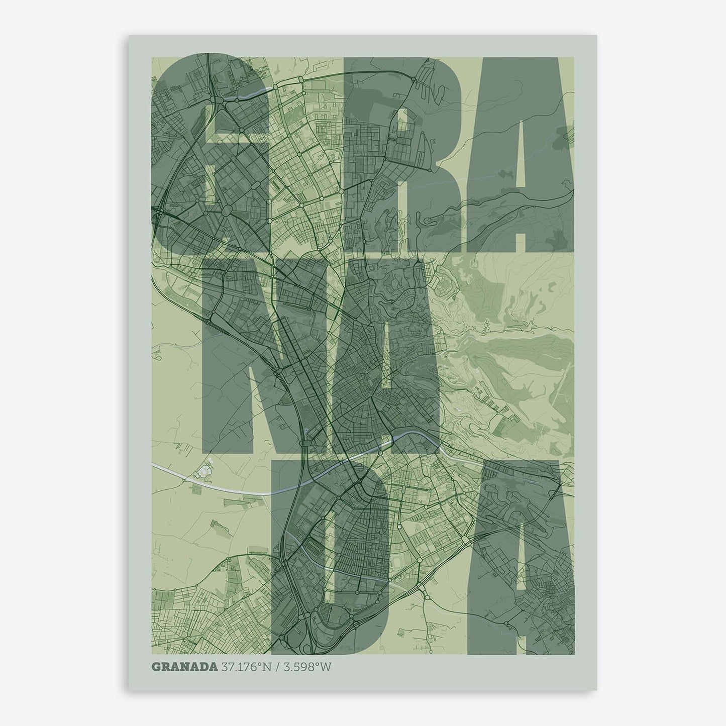 The map of Granada with letters of its name placed randomly, designed in two green tones