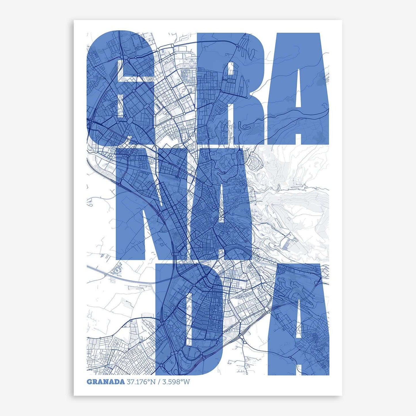 The map of Granada with letters of its name placed randomly, designed in navy blue and white